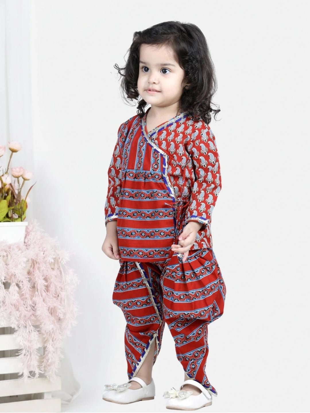 Fast Wear Front Open Pure Cotton Angrakha Top Dhoti for Girls