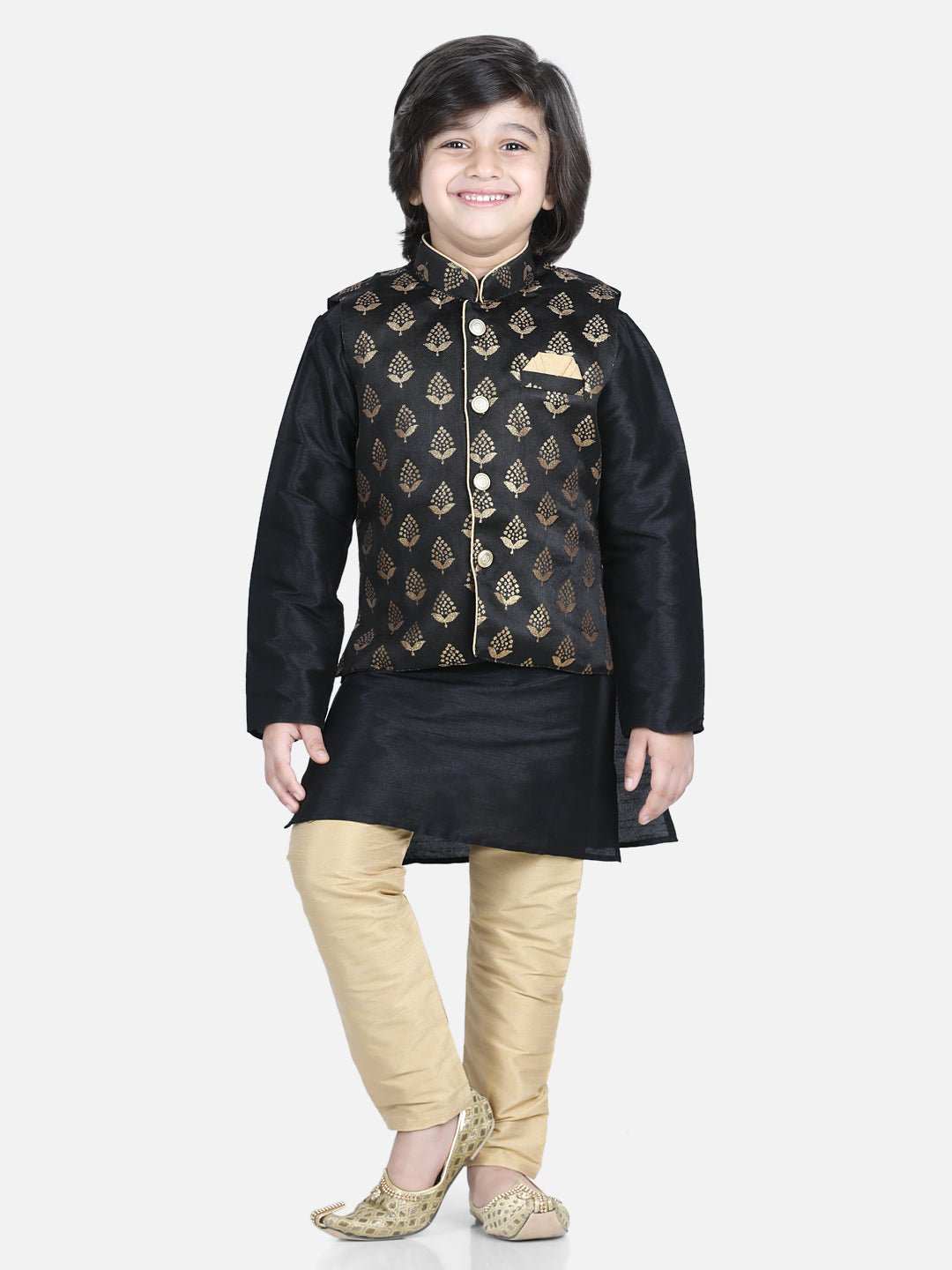 Fast Wear Full Sleeves Silk Kurta With Pajama & Jacquard Peacock Feather Design Jacket