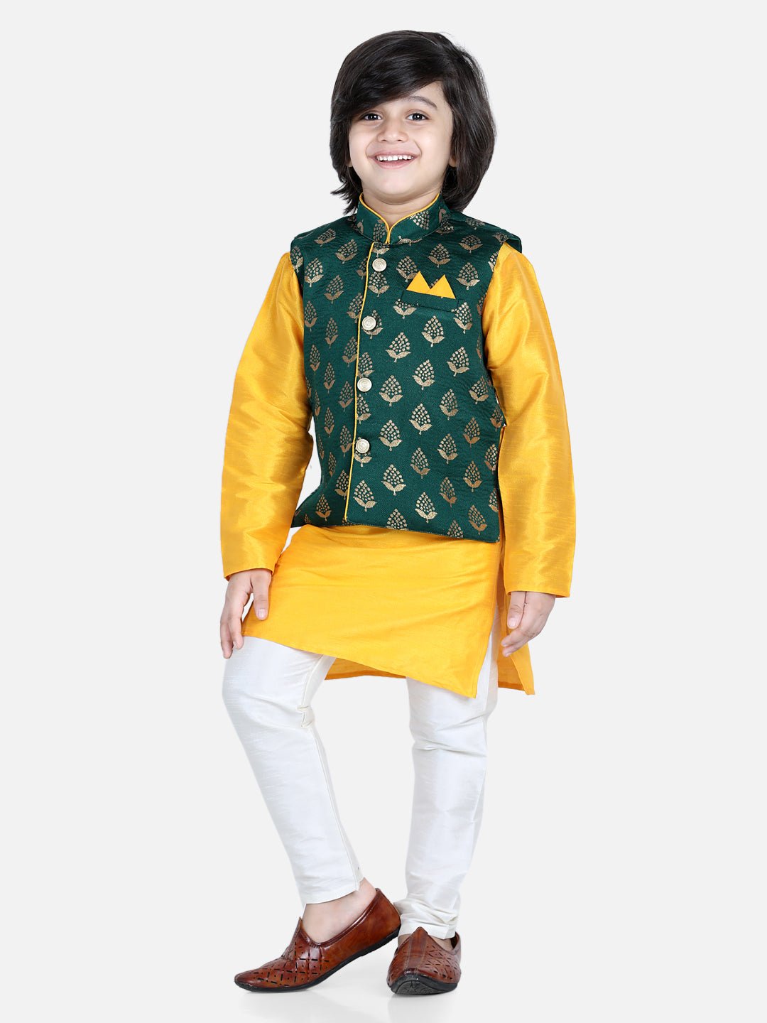 Fast Wear Full Sleeves Silk Kurta With Pajama & Jacquard Peacock Feather Design Jacket