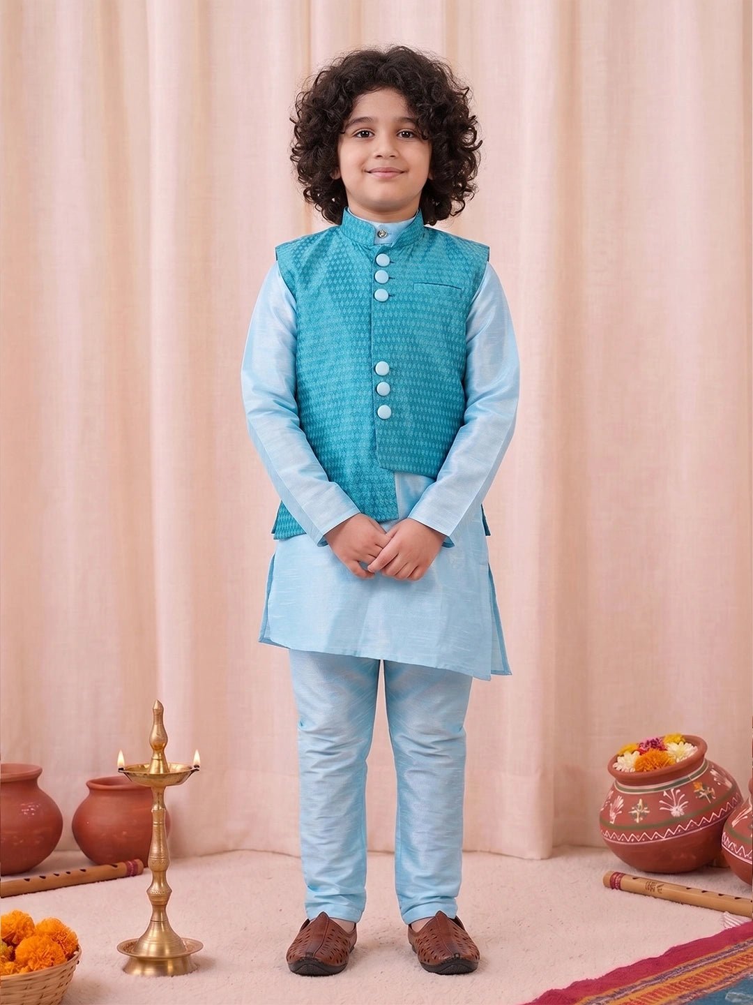 Fast Wear Assymetric Kurta Pajama with Jacquard Jacket