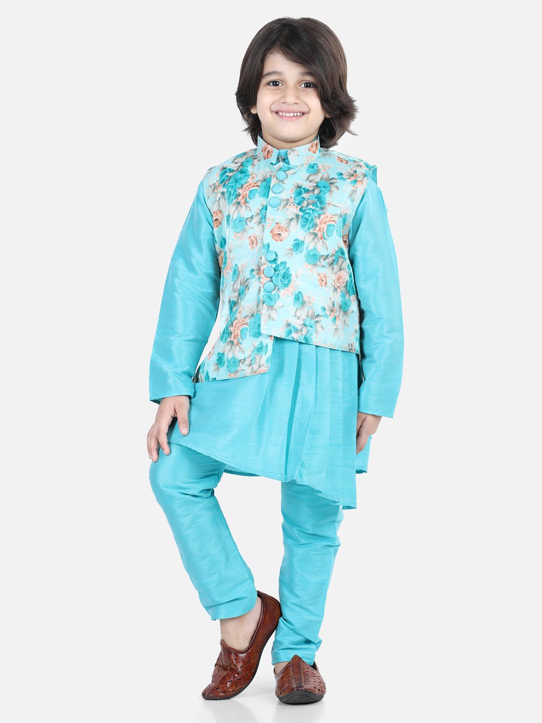 Fast Wear Full Sleeves Asymmetrical Kurta With Floral Print Jacket & Pyjama