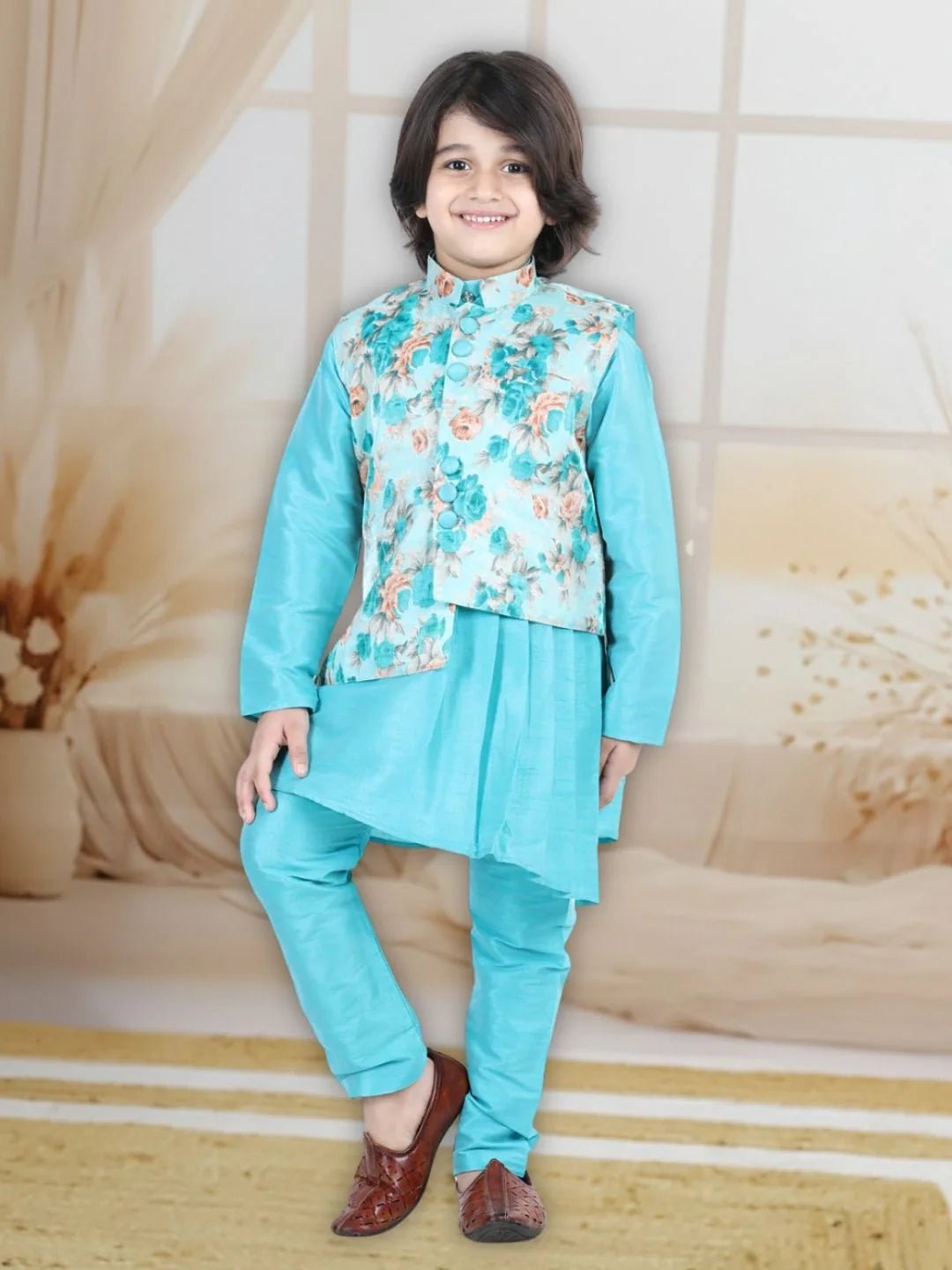 Fast Wear Assymetric Kurta Pajama with Jacket for Boys