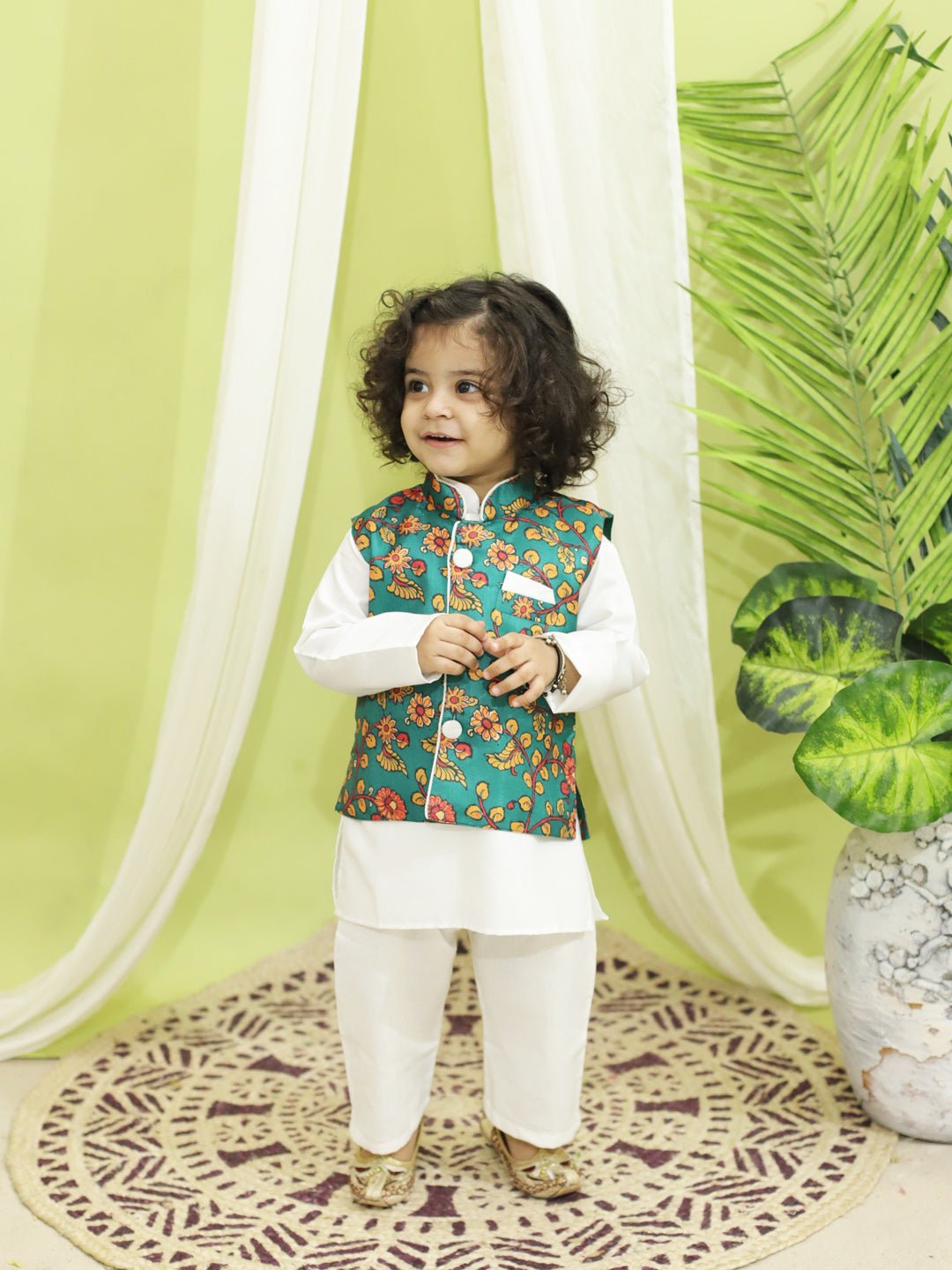Fast Wear Kalamkari Print Jacket with Kurta Pajama for Boys