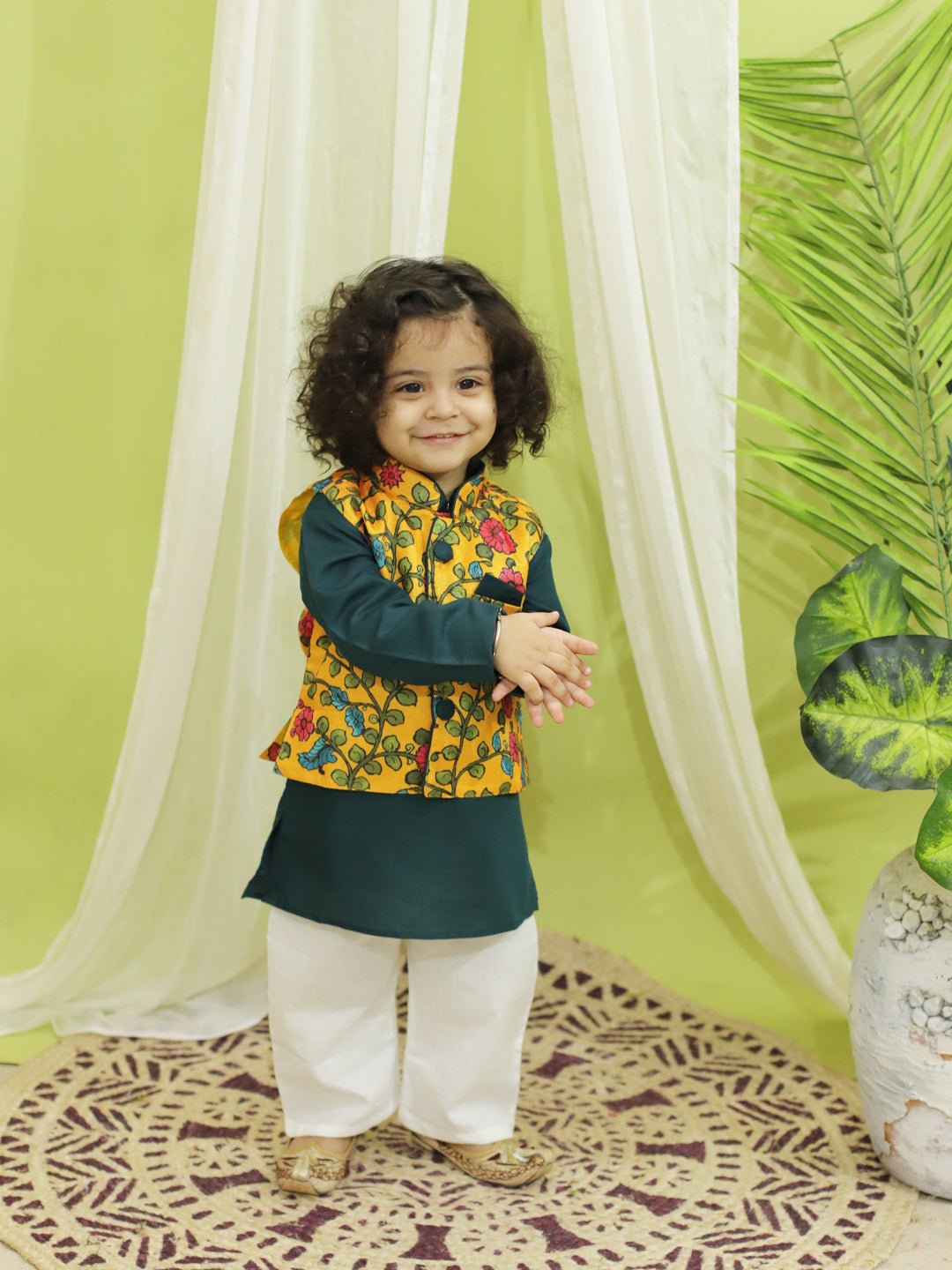 Fast Wear Kalamkari Print Jacket with Kurta Pajama for Boys