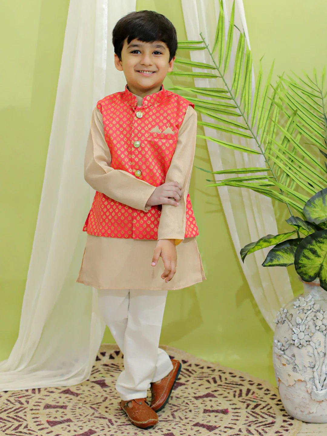Fast Wear Jacquard Jacket with Cotton Kurta Pajama for Boys