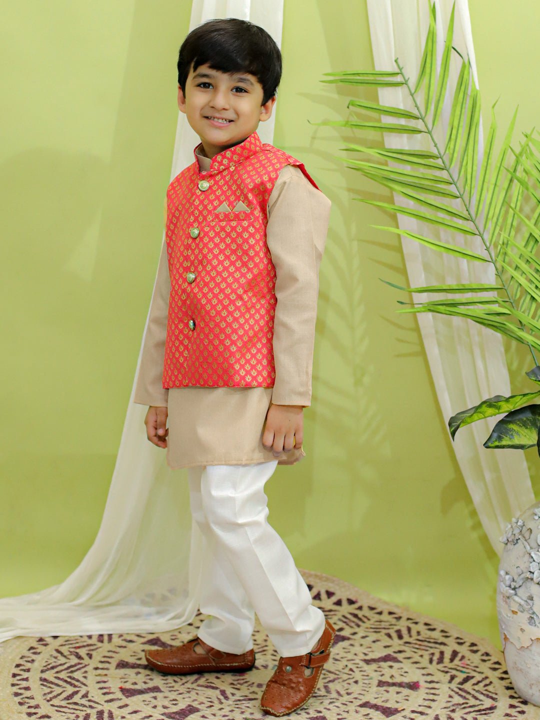 Fast Wear Jacquard Jacket with Cotton Kurta Pajama for Boys