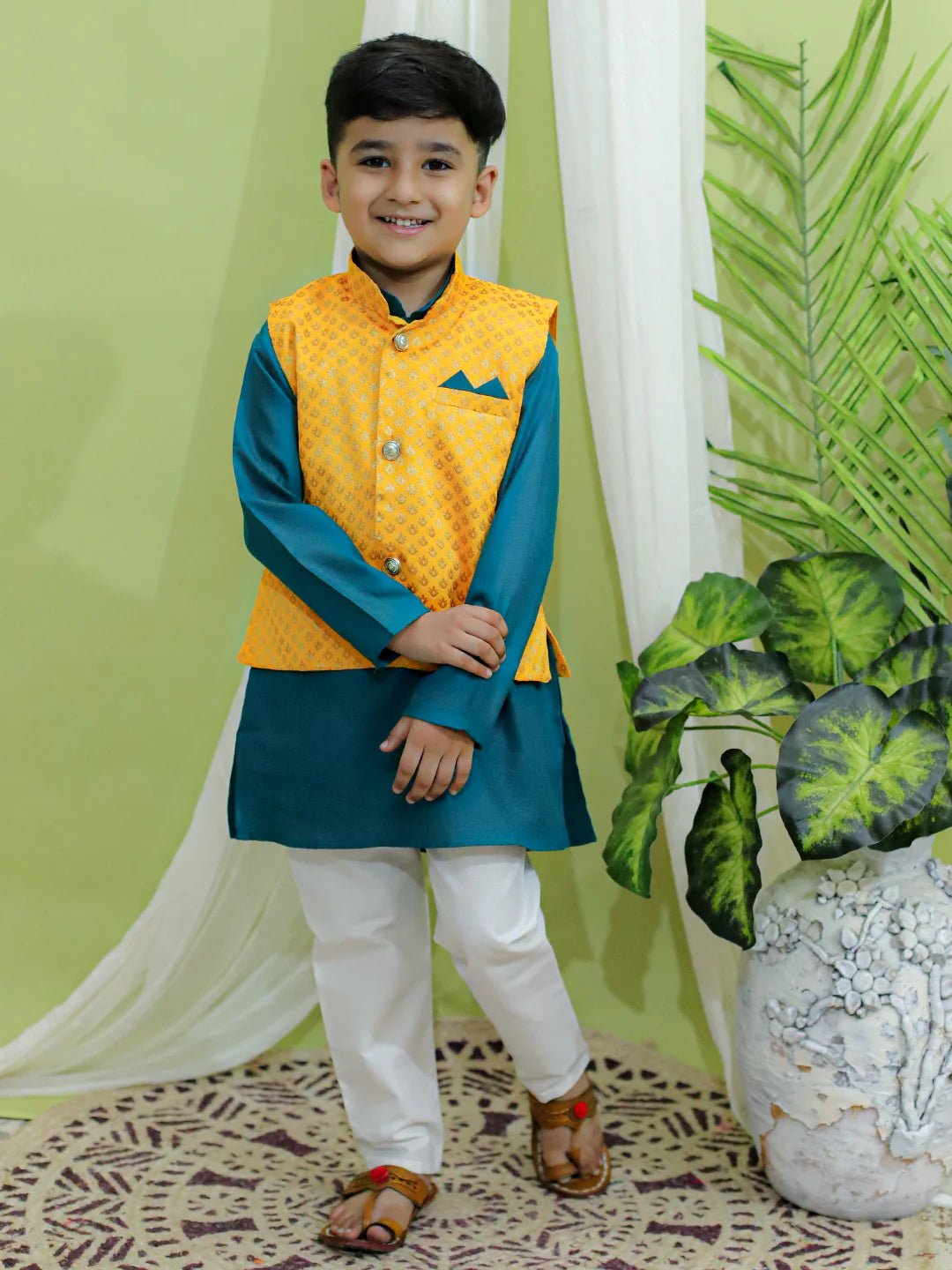 Fast Wear Jacquard Jacket with Cotton Kurta Pajama for Boys