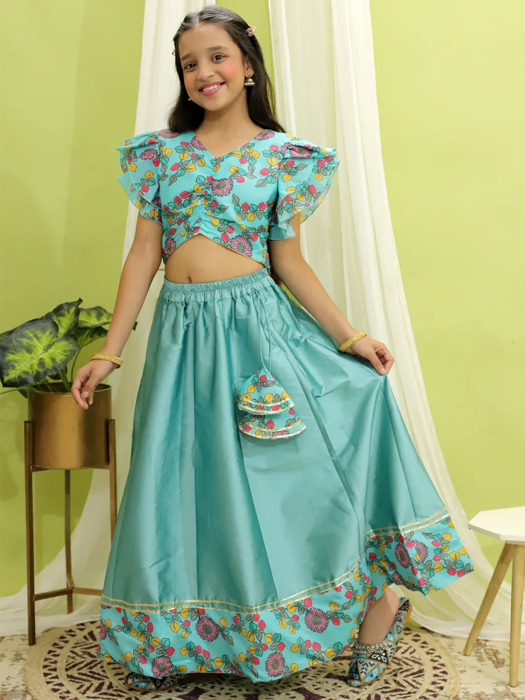 Fast Wear Chanderi Floral Top with Lehenga for Girls