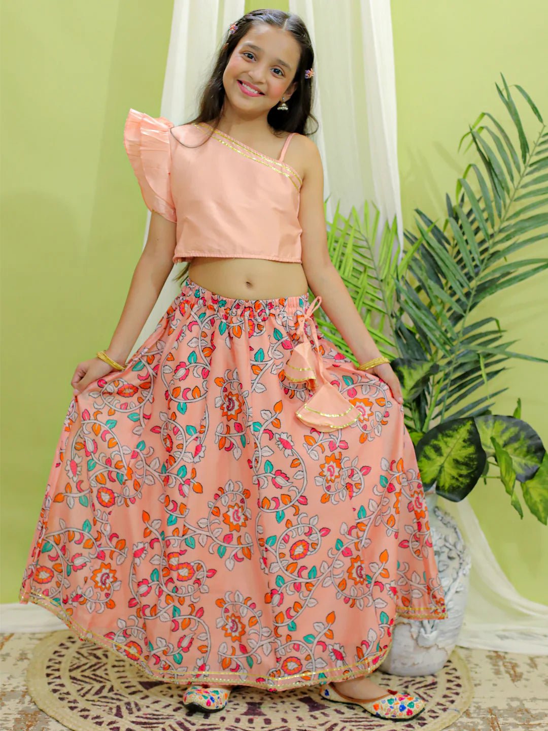 Fast Wear Chanderi One Shoulder Top with Lehenga