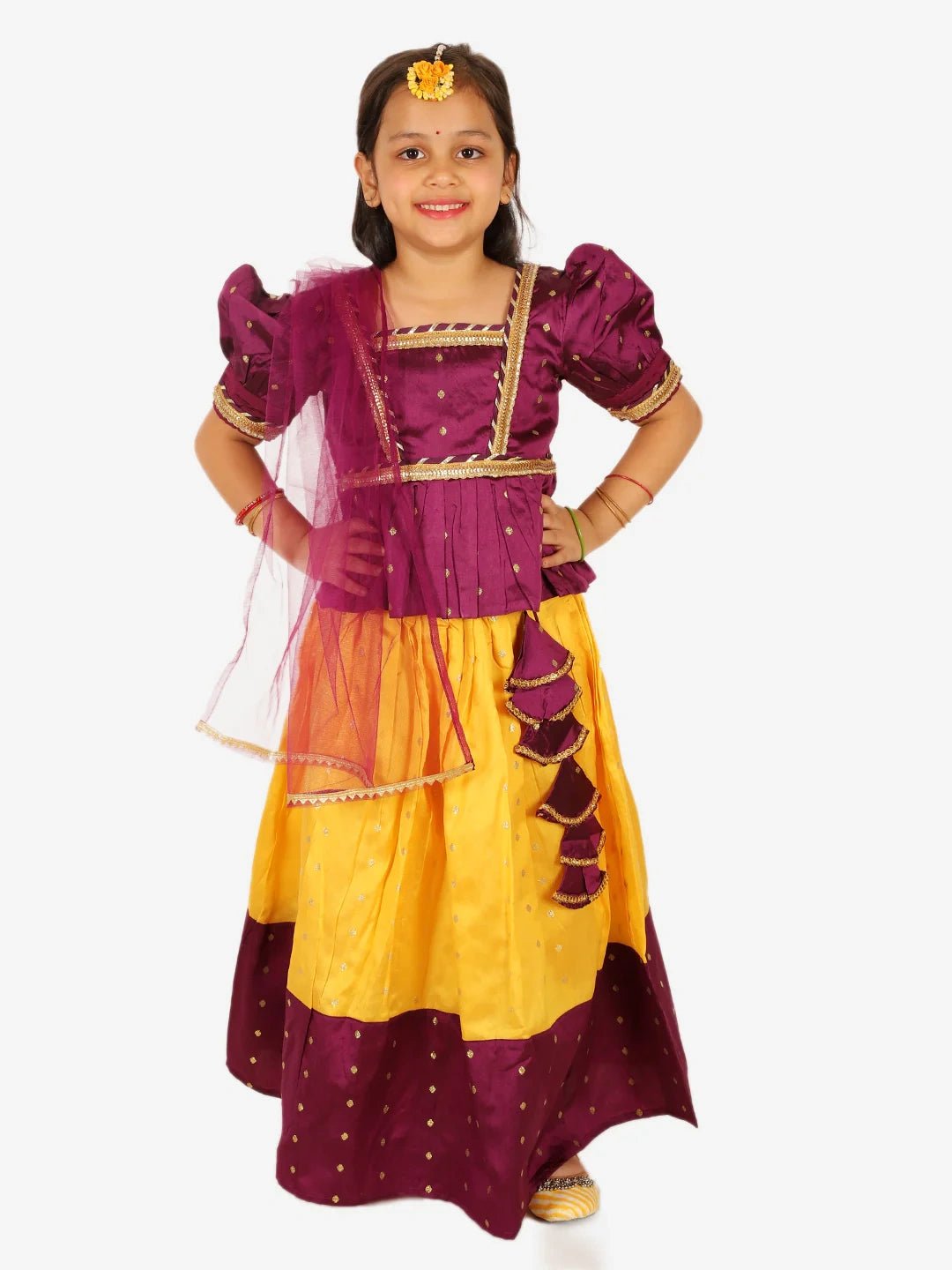Fast Wear Taffeta Silk Puff Sleeve Top Lehenga with Dupatta for Girls