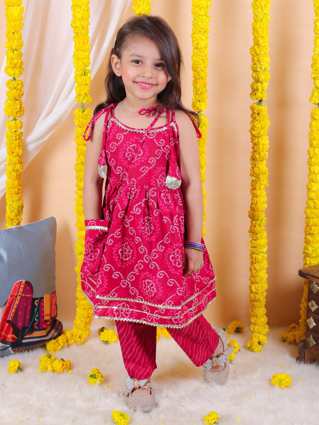 Fast Wear Girls Printed Cotton Kurti with Pant & Potli Set