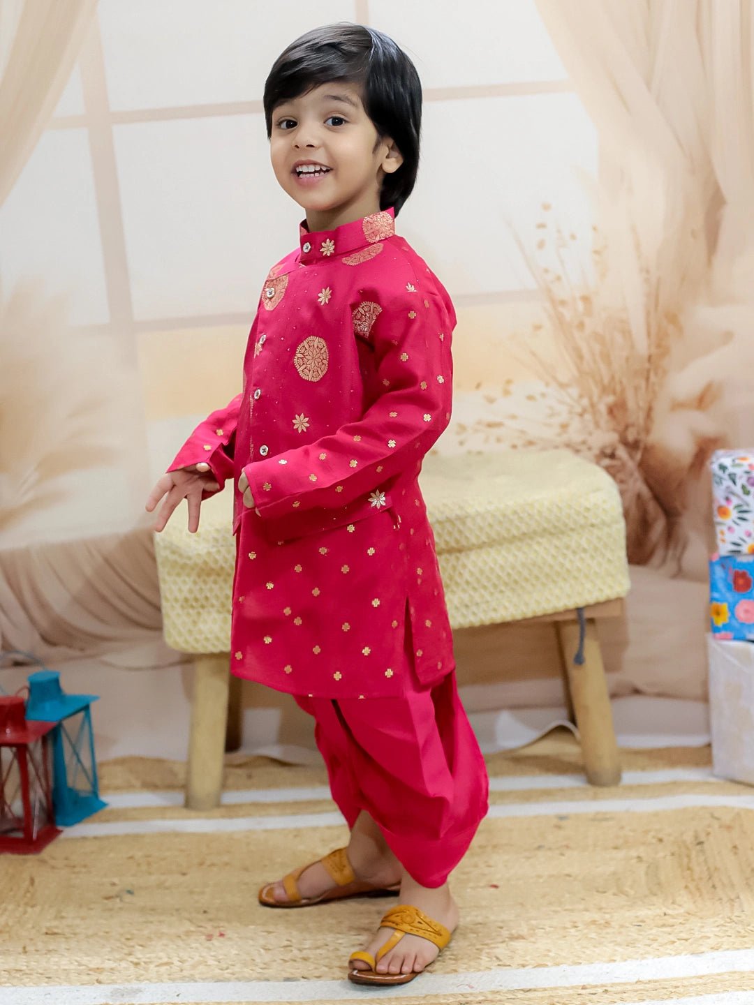 Fast Wear Pure Chanderi Attached Jacket Kurta with Dhoti for Boys