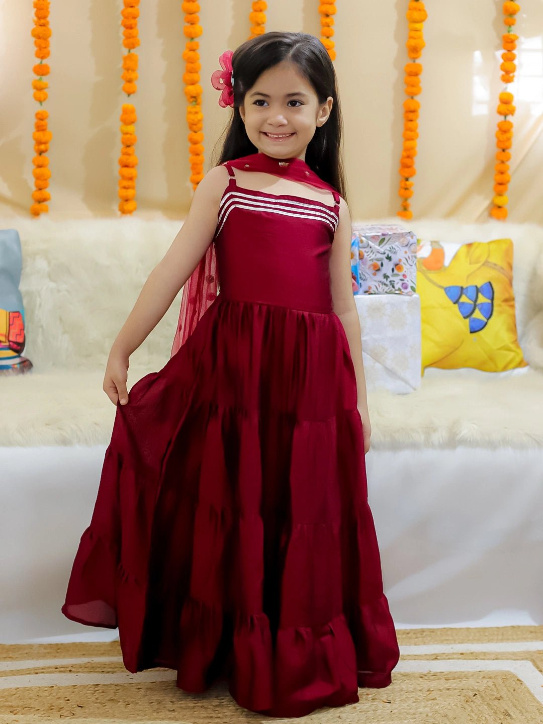 Fast Wear Tier Gown with Sequined Net Dupatta for Girls