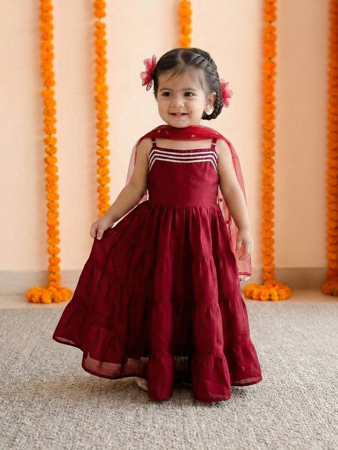 Fast Wear Tier Gown with Sequined Net Dupatta for Girls