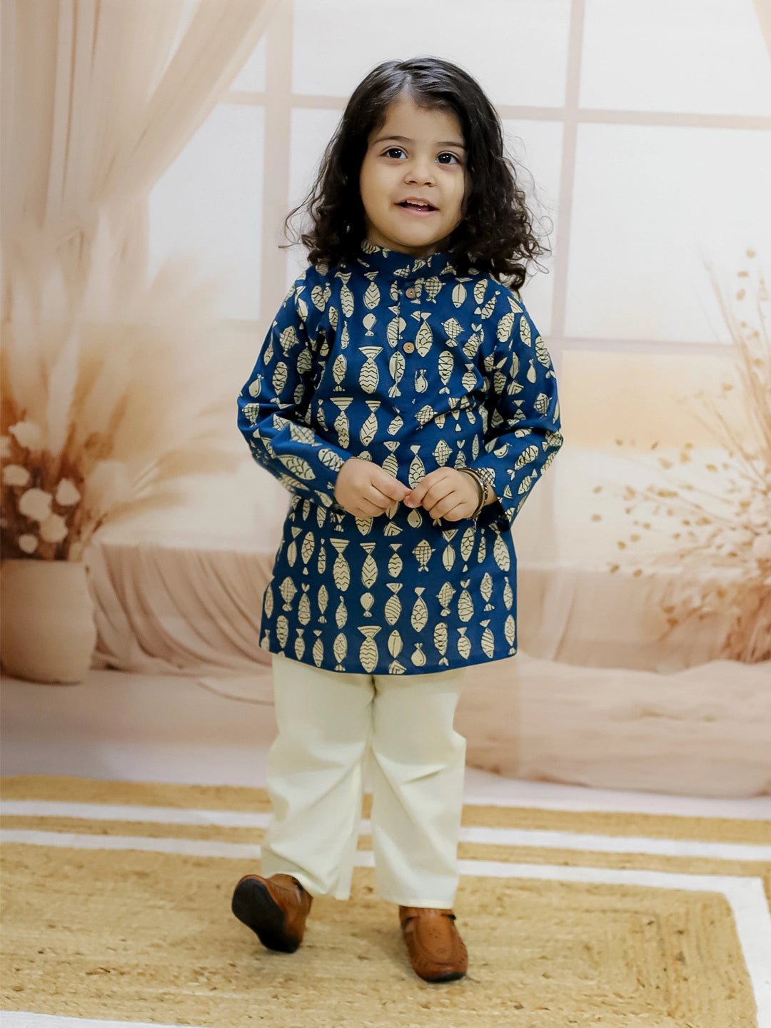 Fast Wear Boys Pure Cotton Fish Print Full Sleeve Kurta Pajama
