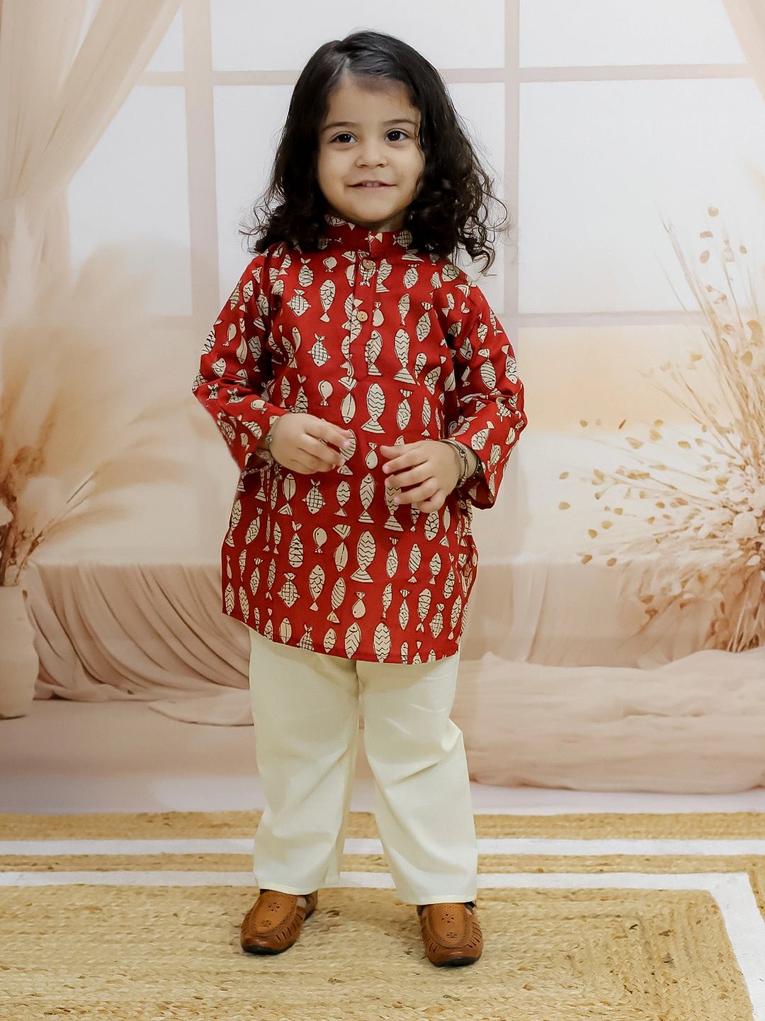 Fast Wear Boys Pure Cotton Fish Print Full Sleeve Kurta Pajama