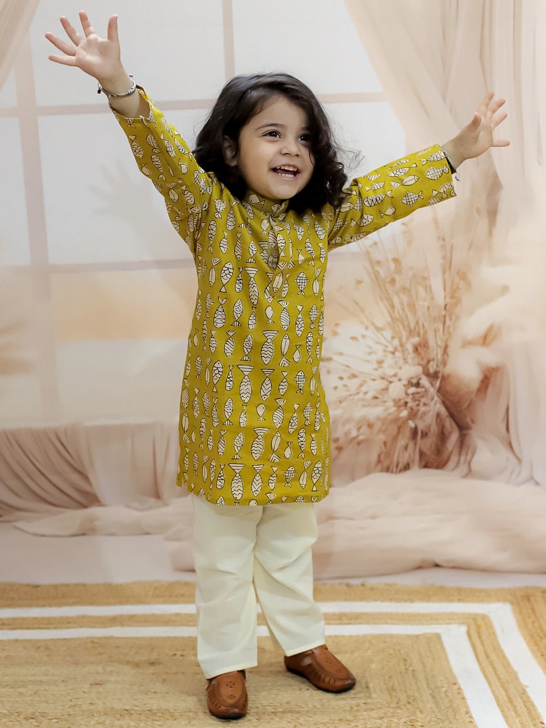 Fast Wear Boys Pure Cotton Fish Print Full Sleeve Kurta Pajama