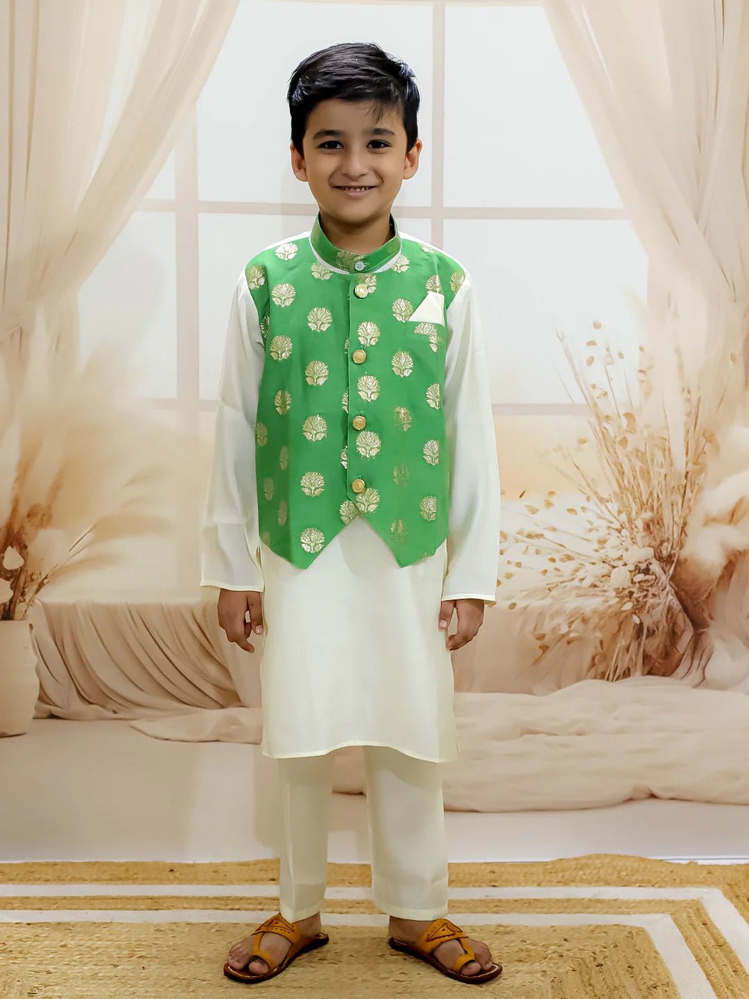 Fast Wear Pure Chanderi Attached Jacket Kurta Pajama for Boys