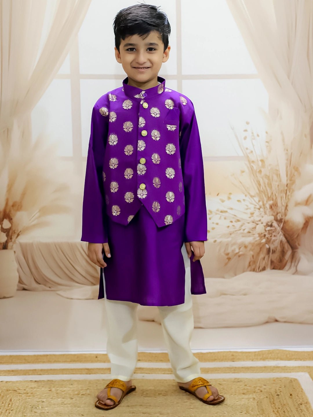 Fast Wear Pure Chanderi Attached Jacket Kurta Pajama for Boys
