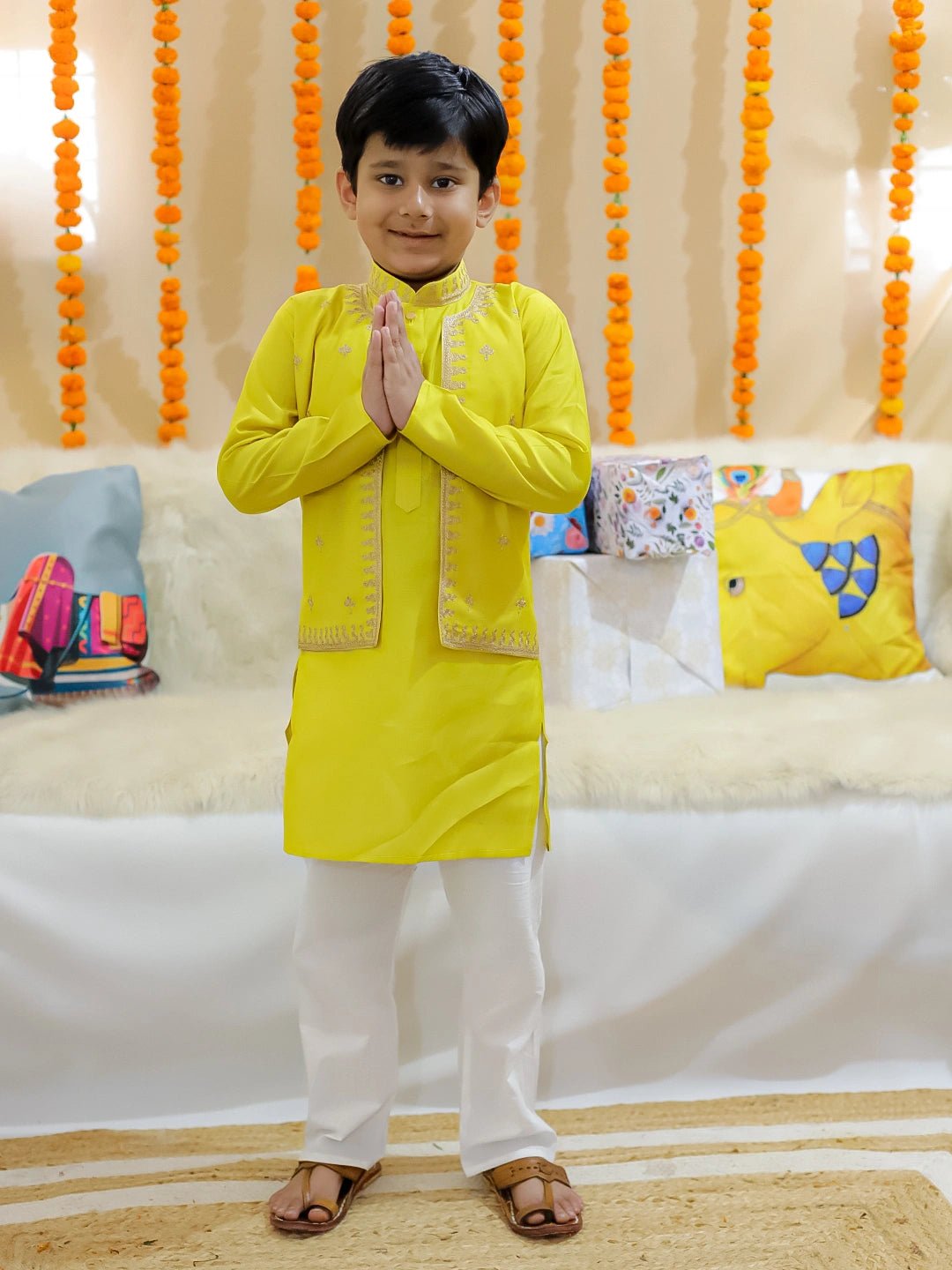 Fast Wear Pure Chanderi Embroidered Attached Jacket Kurta Pajama for Boys