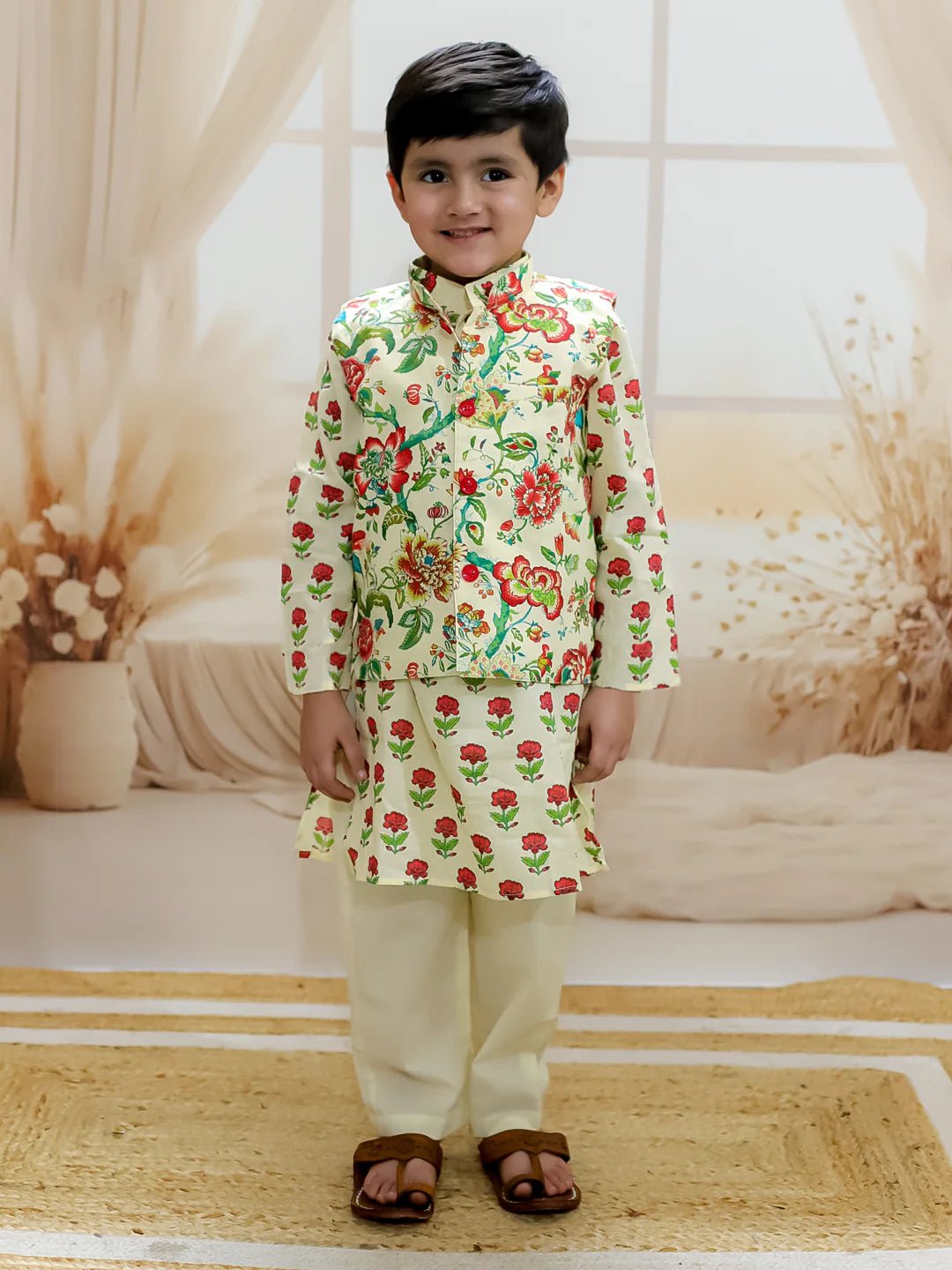 Fast Wear Pure Cotton Kurta Pajama with Jacket for Boys