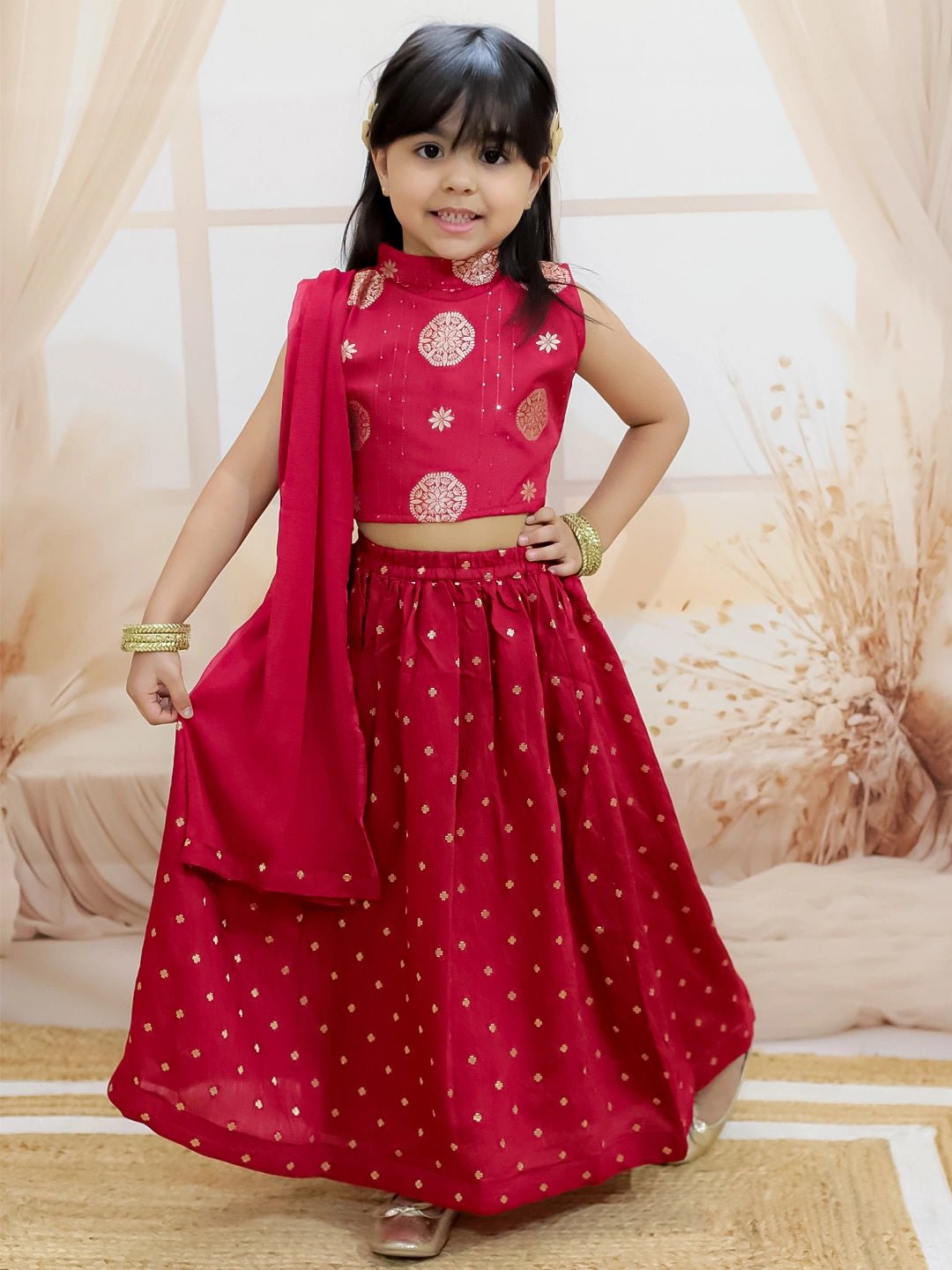 Fast Wear Pure Chanderi Halter Neck Top with Lehenga & Dupatta for Girls