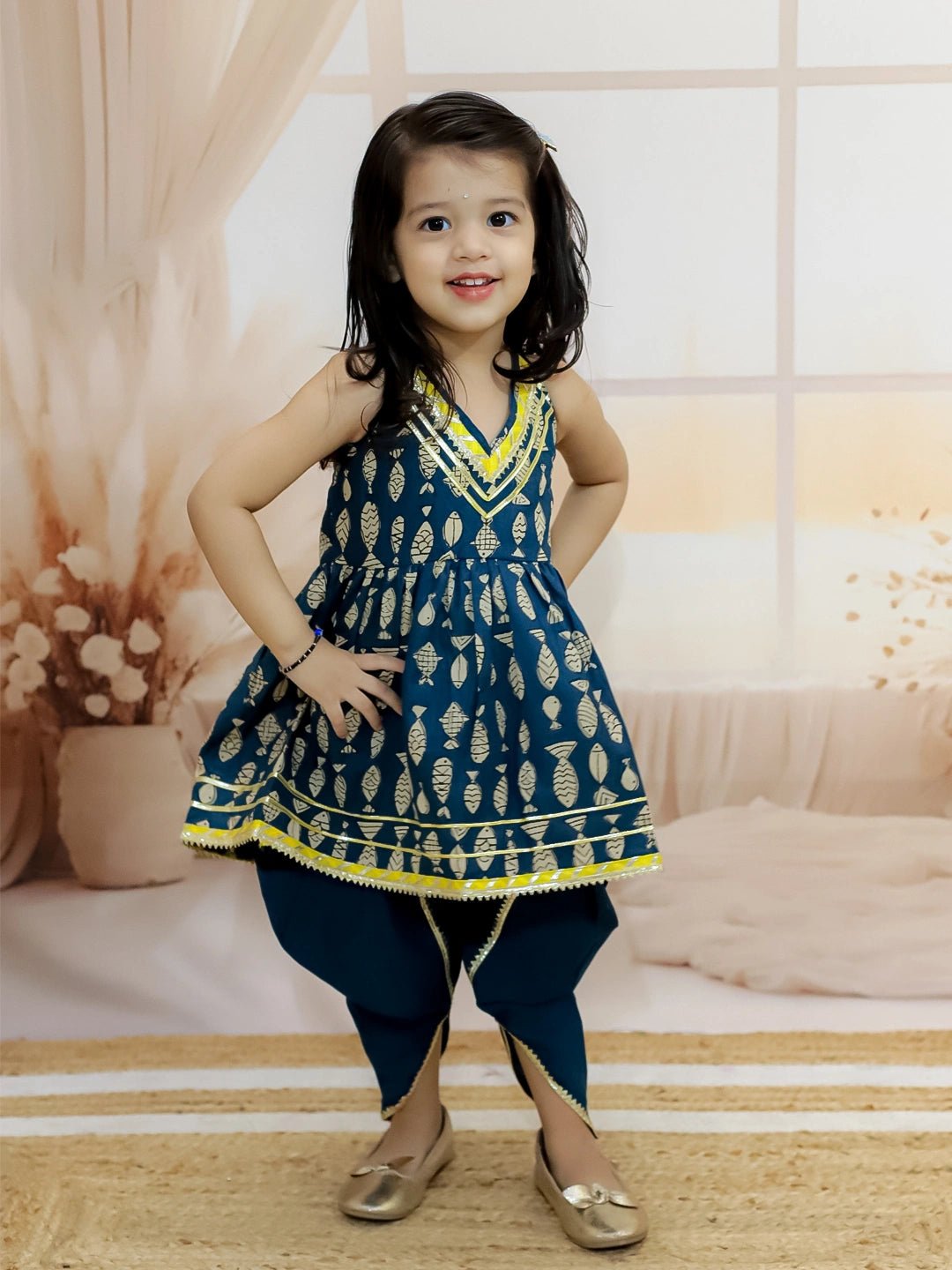 Fast Wear Halter Girls Neck Pure Cotton Fish Print Kurti with Harem