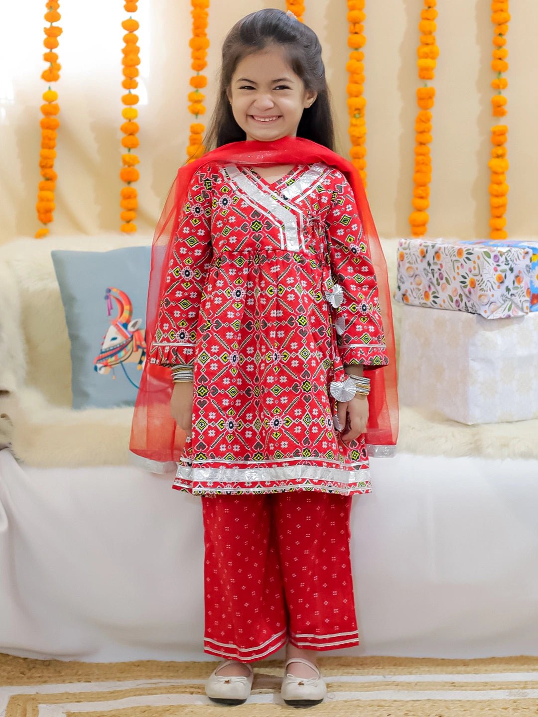 Fast Wear Girls Pure Cotton Angrakha Kurti Pant With Dupatta