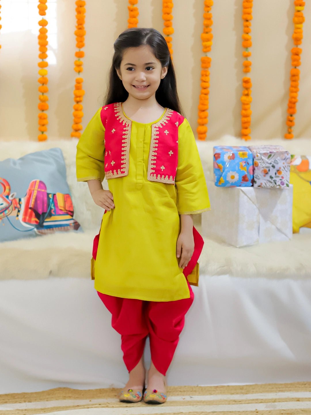 Fast Wear Girls Embroidered Attached Jacket Kurti with Dhoti