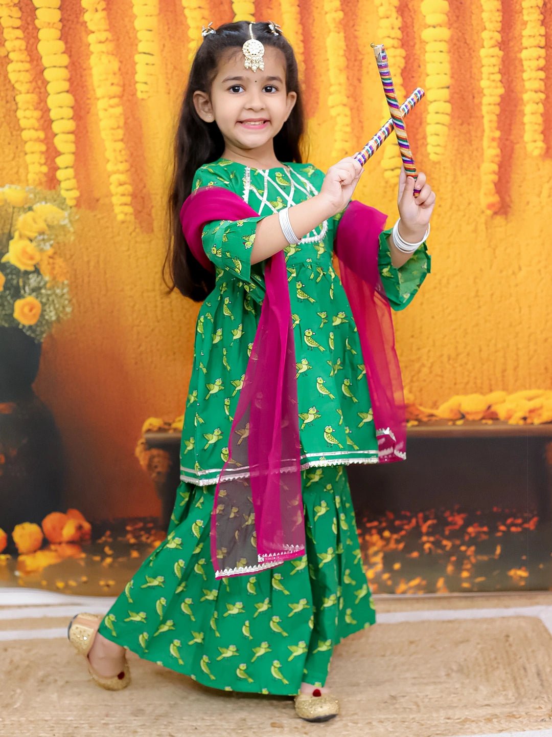 Fast Wear Bird Print Pure Cotton Kurta with Sharara and Dupatta for Girls
