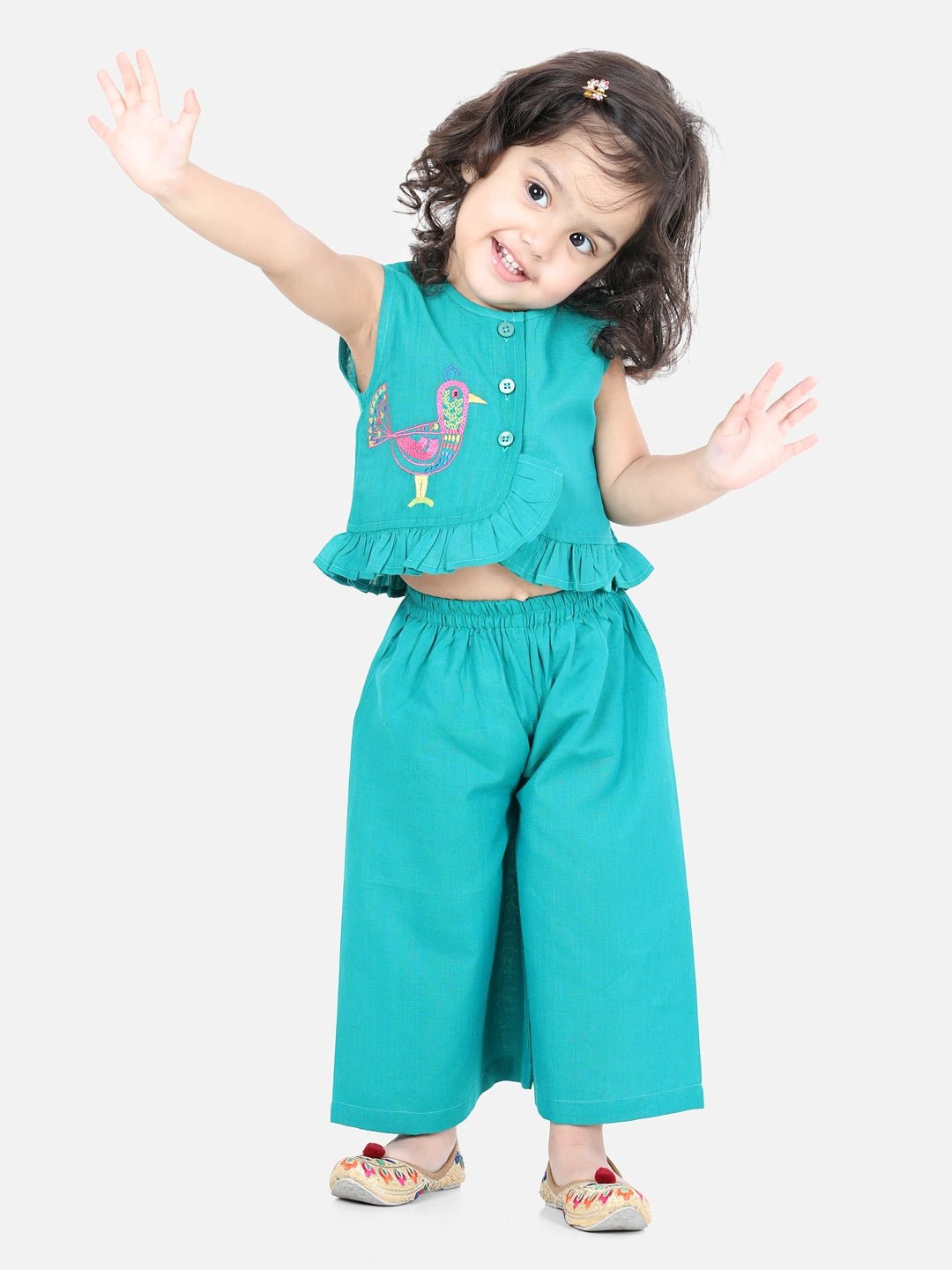 Fast Wear Sleeveless Bird Embroidered Frill Detail Top With Palazzo