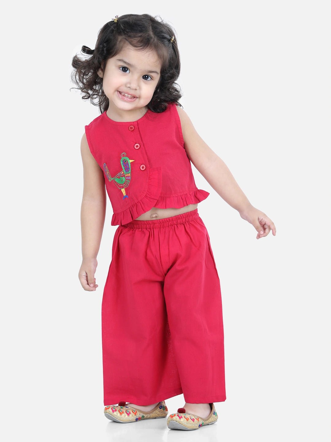 Fast Wear Sleeveless Bird Embroidered Frill Detail Top With Palazzo