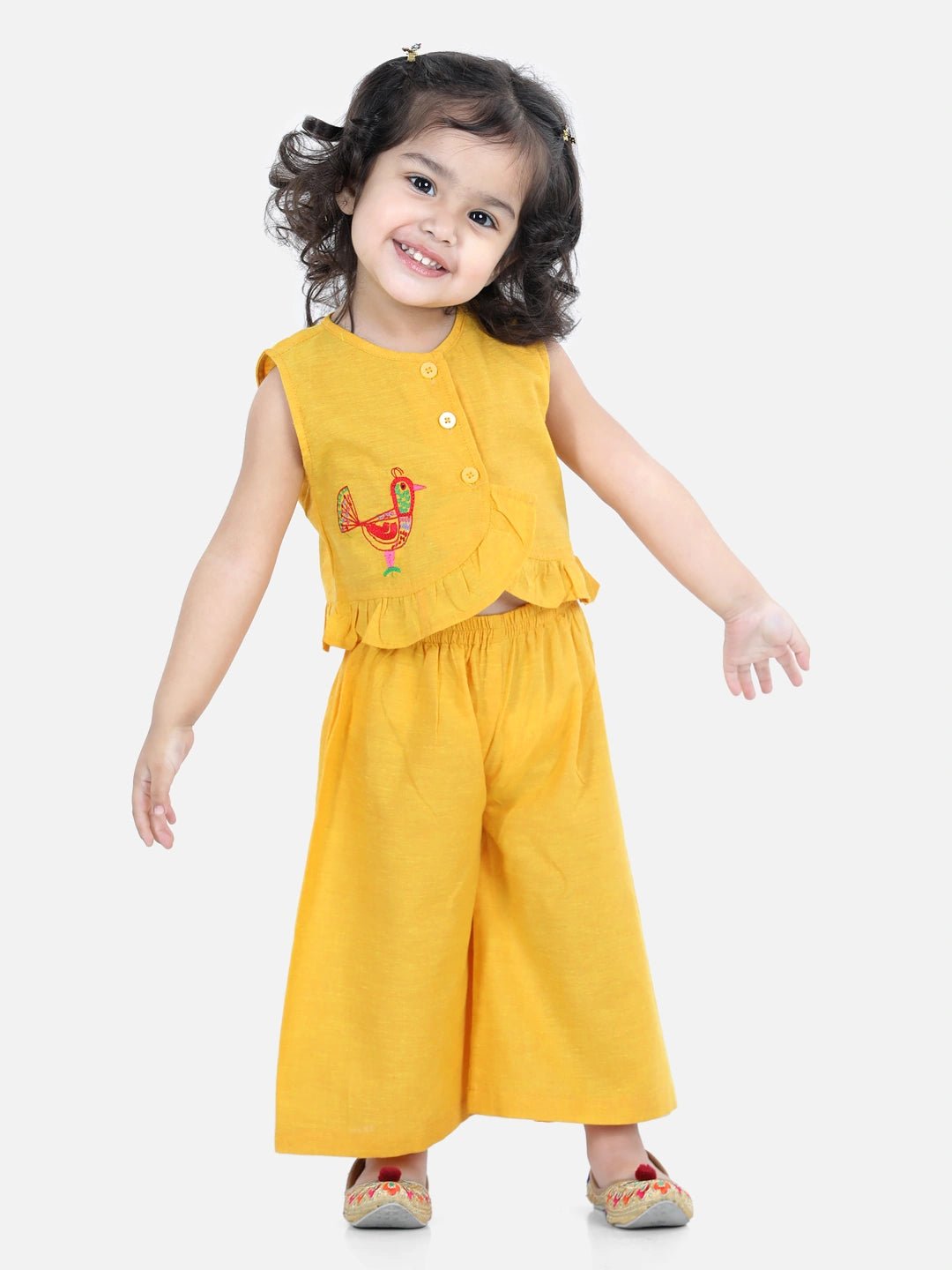 Fast Wear Sleeveless Bird Embroidered Frill Detail Top With Palazzo