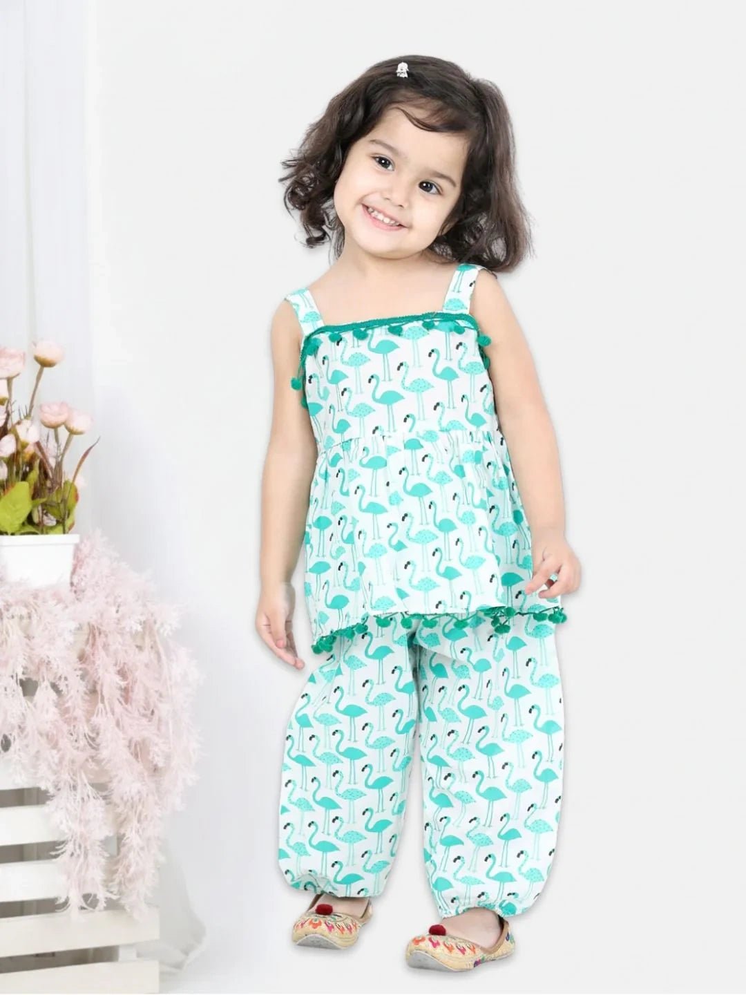 Fast Wear Flamingo Print Pure Cotton Top Harem Set For Girls