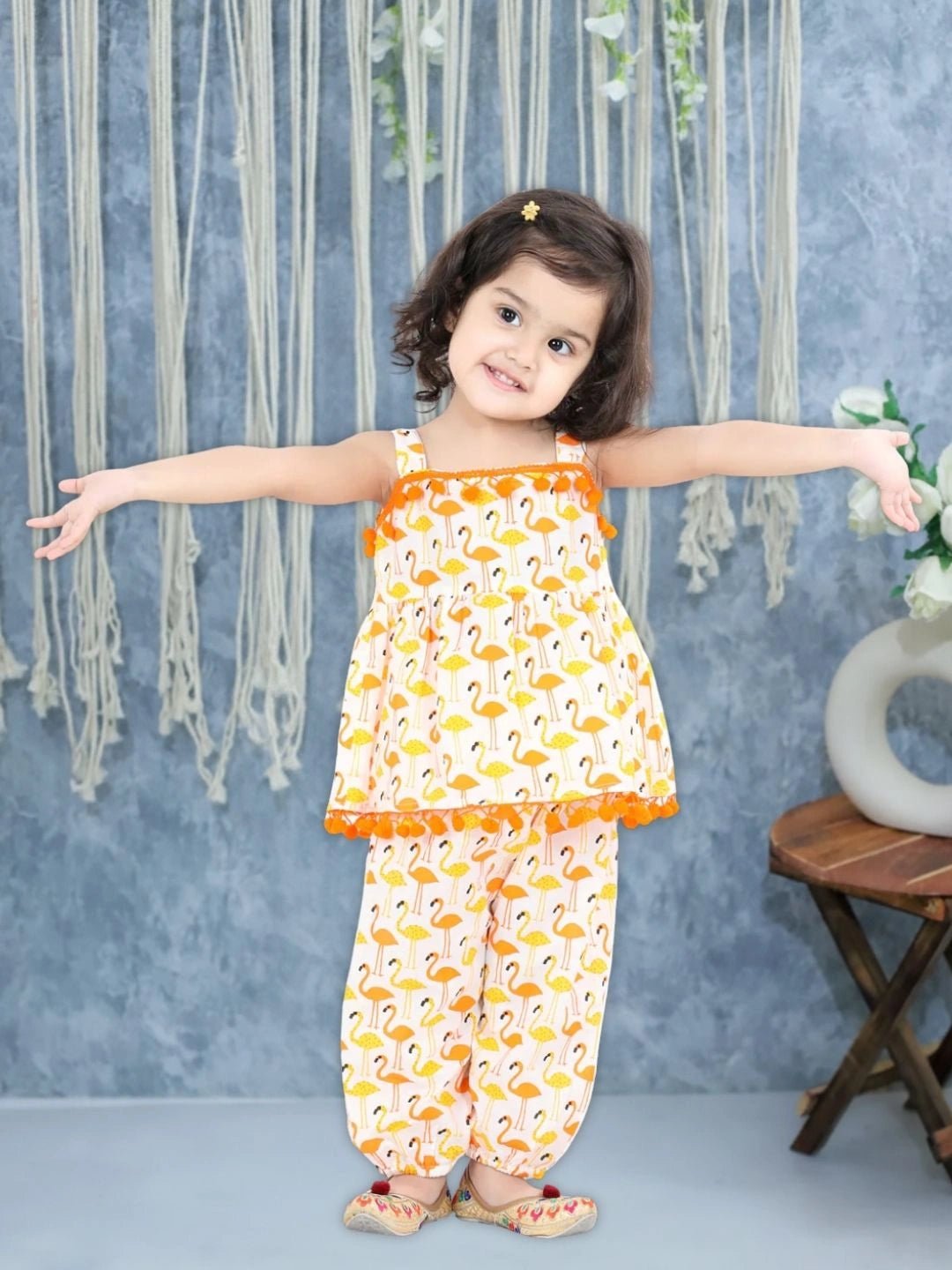 Fast Wear Flamingo Print Pure Cotton Top Harem Set For Girls