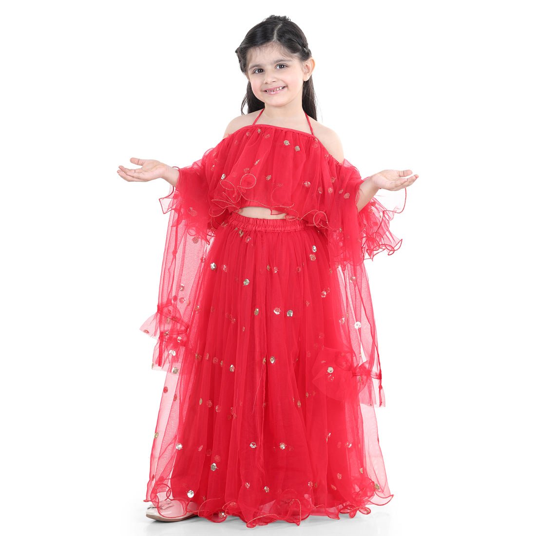 Fast Wear Sequin Net Lehenga with Ruffle Choli with Dupatta For Girls