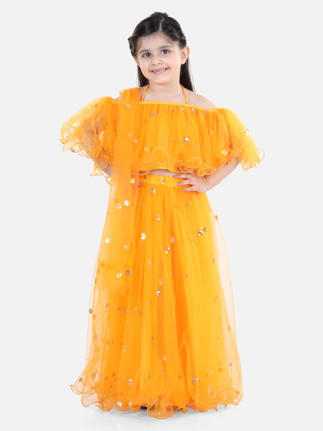 Fast Wear Sequin Net Lehenga with Ruffle Choli with Dupatta For Girls
