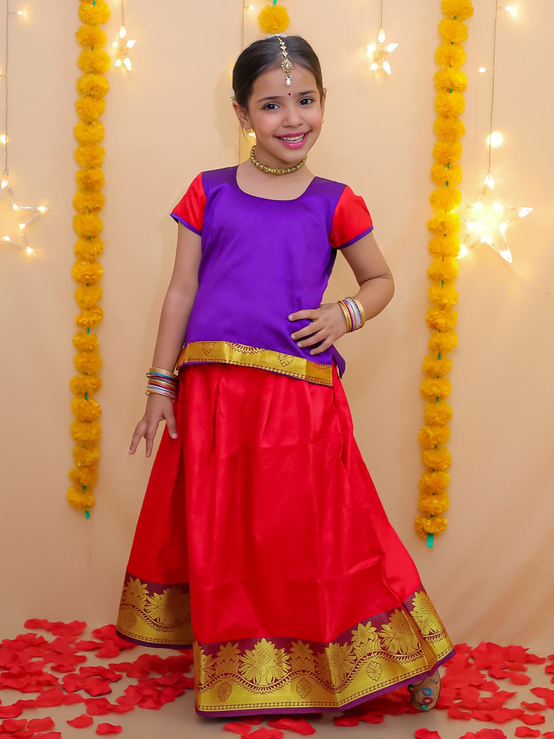 Fast Wear Half Sleeve South  Pavda Pattu Lehenga For Girls