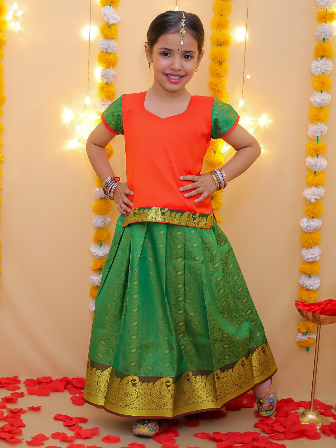 Fast Wear Half Sleeve South  Pavda Pattu Lehenga For Girls