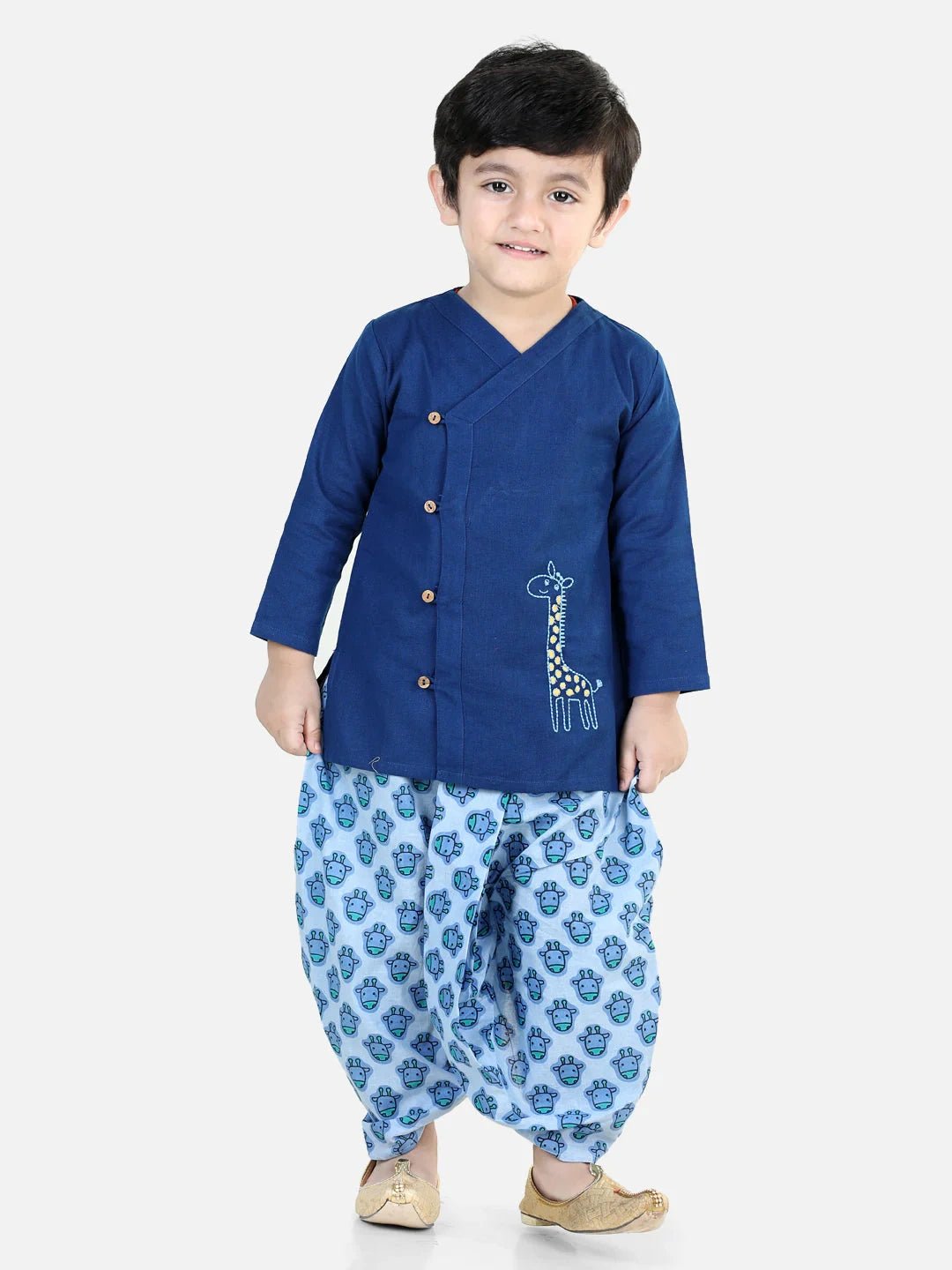Fast Wear 100% Cotton Full Sleeves Giraffe Embroidery Kurta with Printed Kurta Dhoti Set- Blue