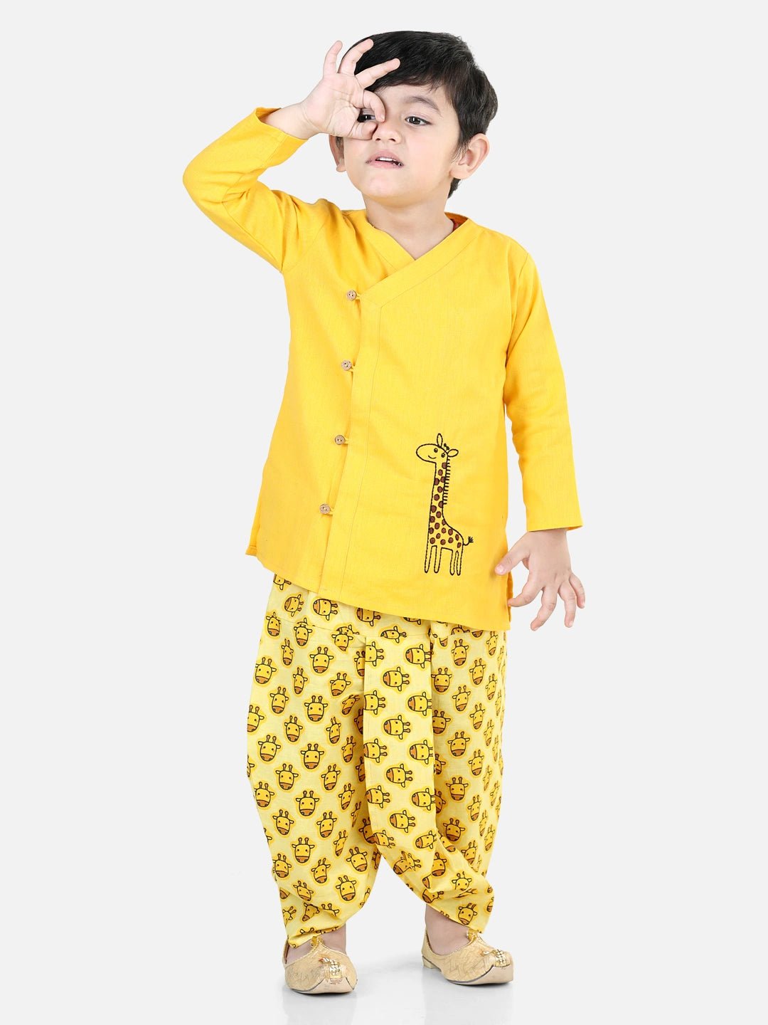 Fast Wear 100% Cotton Full Sleeves Giraffe Embroidery Kurta with Printed Kurta Dhoti Set- Yellow