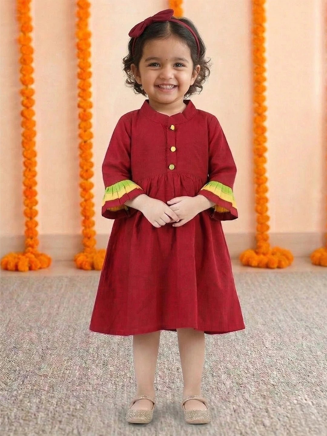 Fast Wear Multi Frill Cotton Frock with Headband for Girls