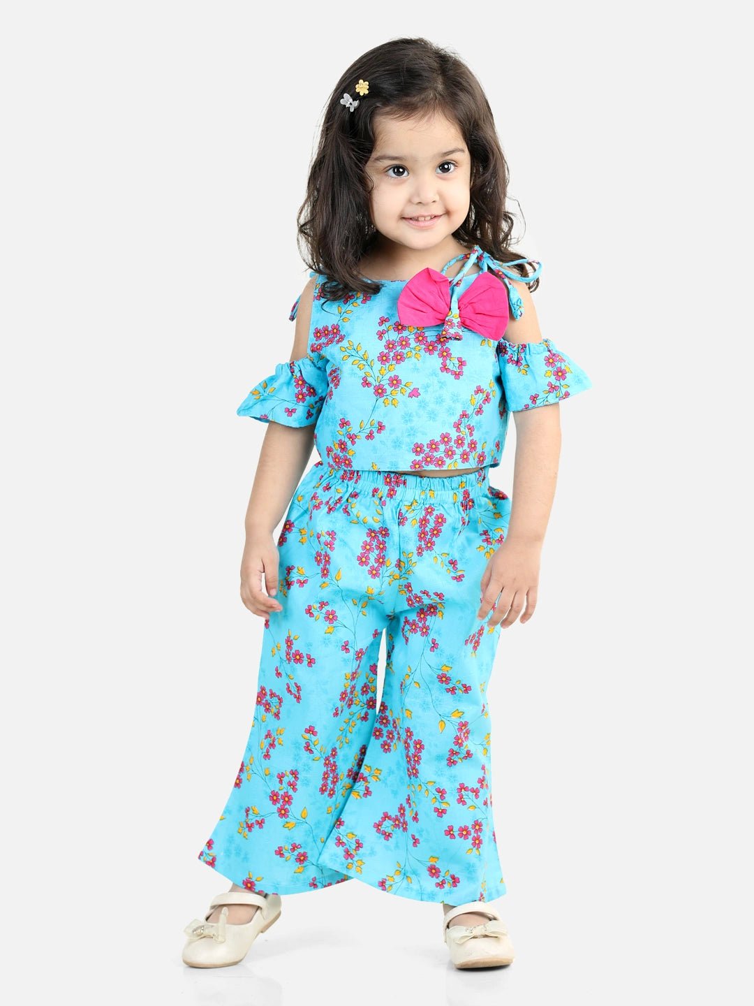 Fast Wear Cold Shoulder Sleeves Bow Applique Floral Printed Top & Palazzo