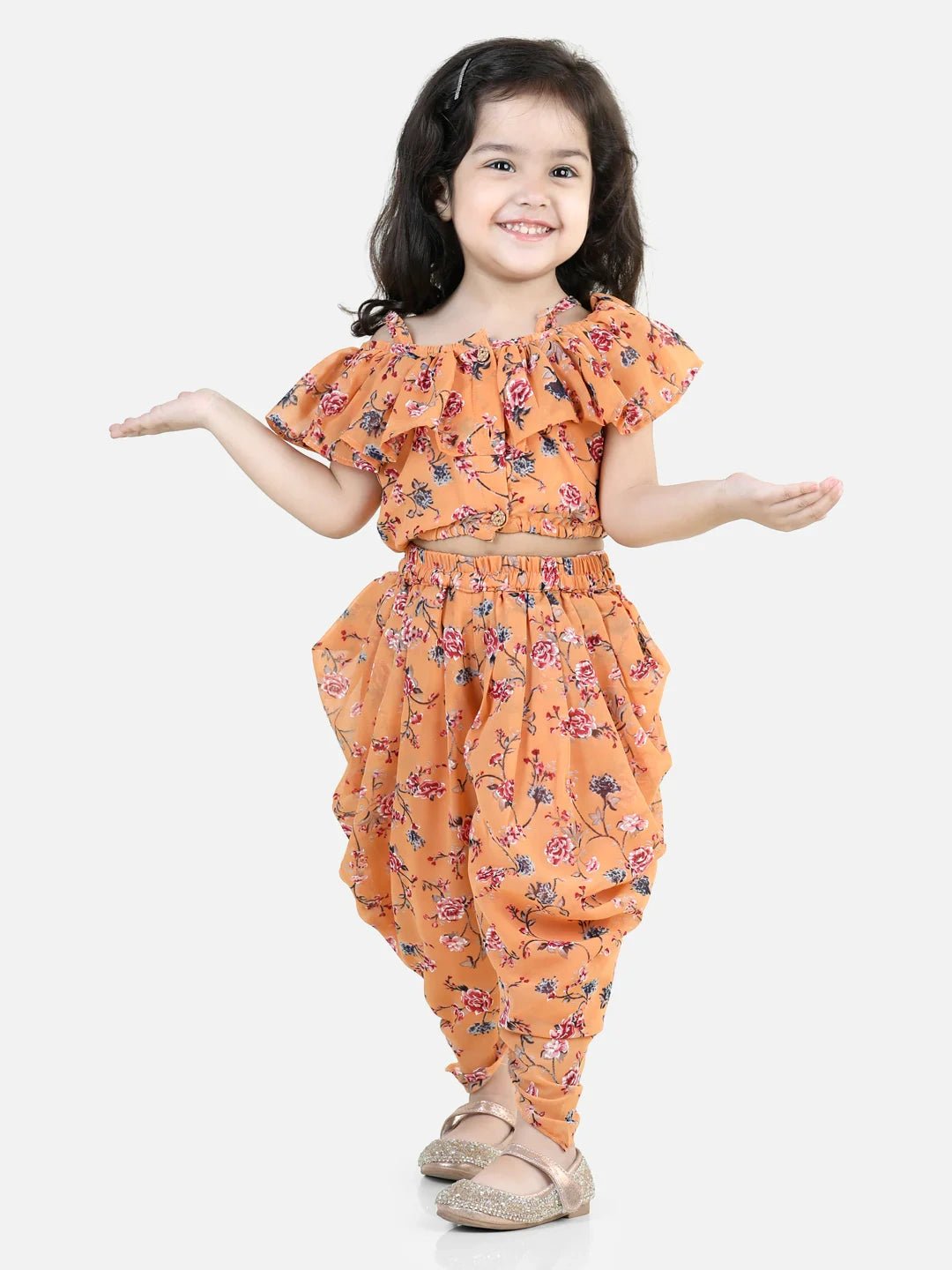 Fast Wear Printed Ruffle Georgette Top With Dhoti For Girls