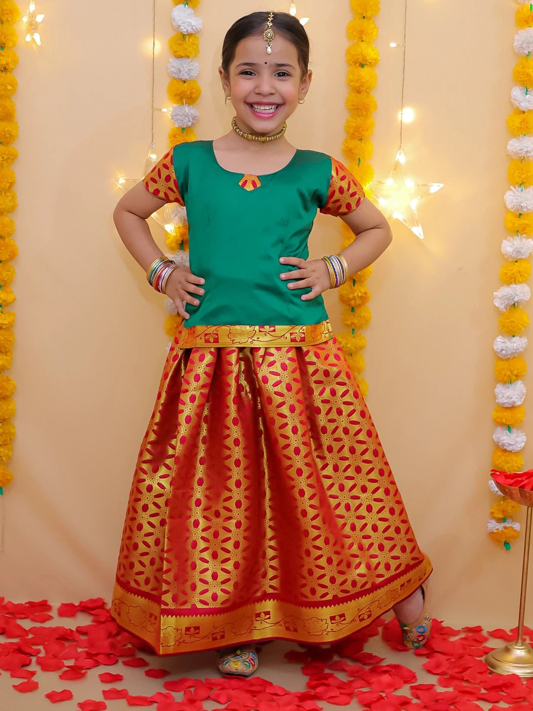 Fast Wear Half Sleeve South  Pavda Pattu Lehenga For Girls