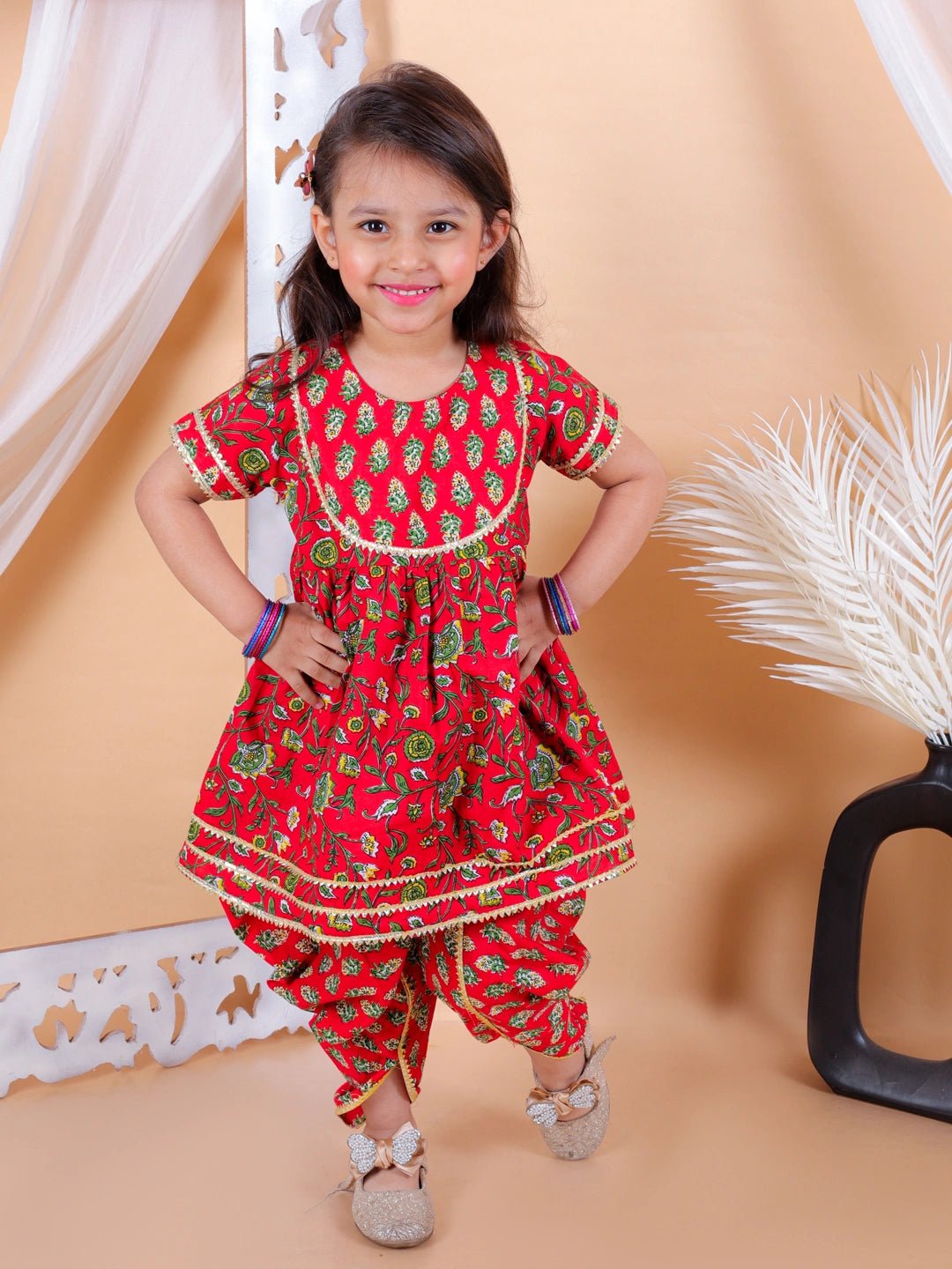 Fast Wear Girls Pure Cotton Floral Printed Top with Dhoti for Girls