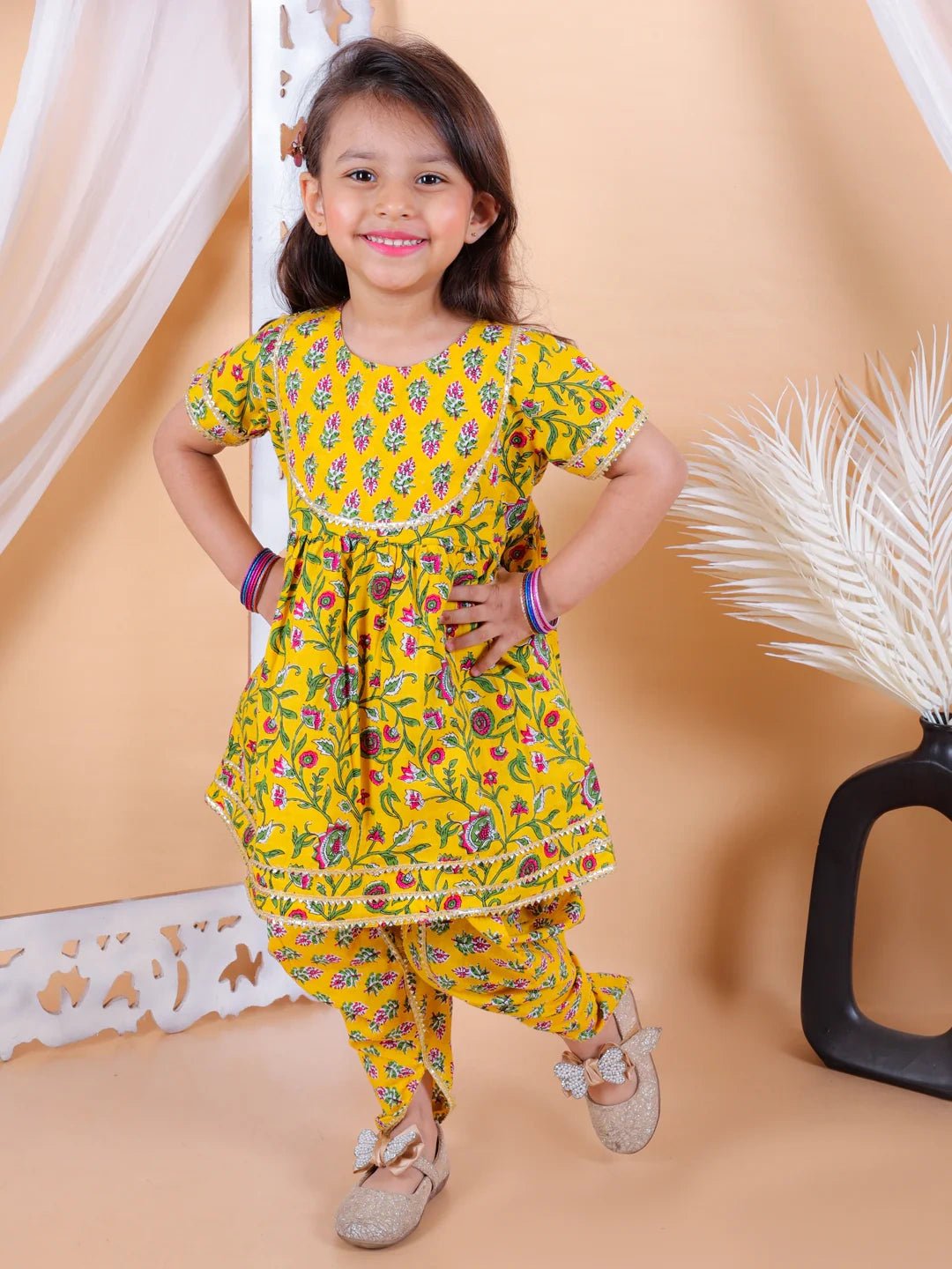 Fast Wear Girls Pure Cotton Floral  Printed Top with Dhoti for Girls