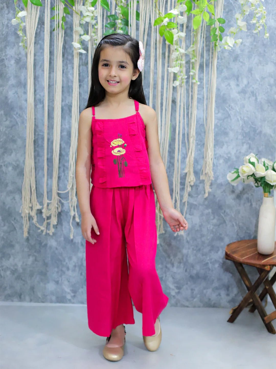 Fast Wear Girls Cotton Embroidered Spaghetti Top with Palazzo pant  Co Ords Pink