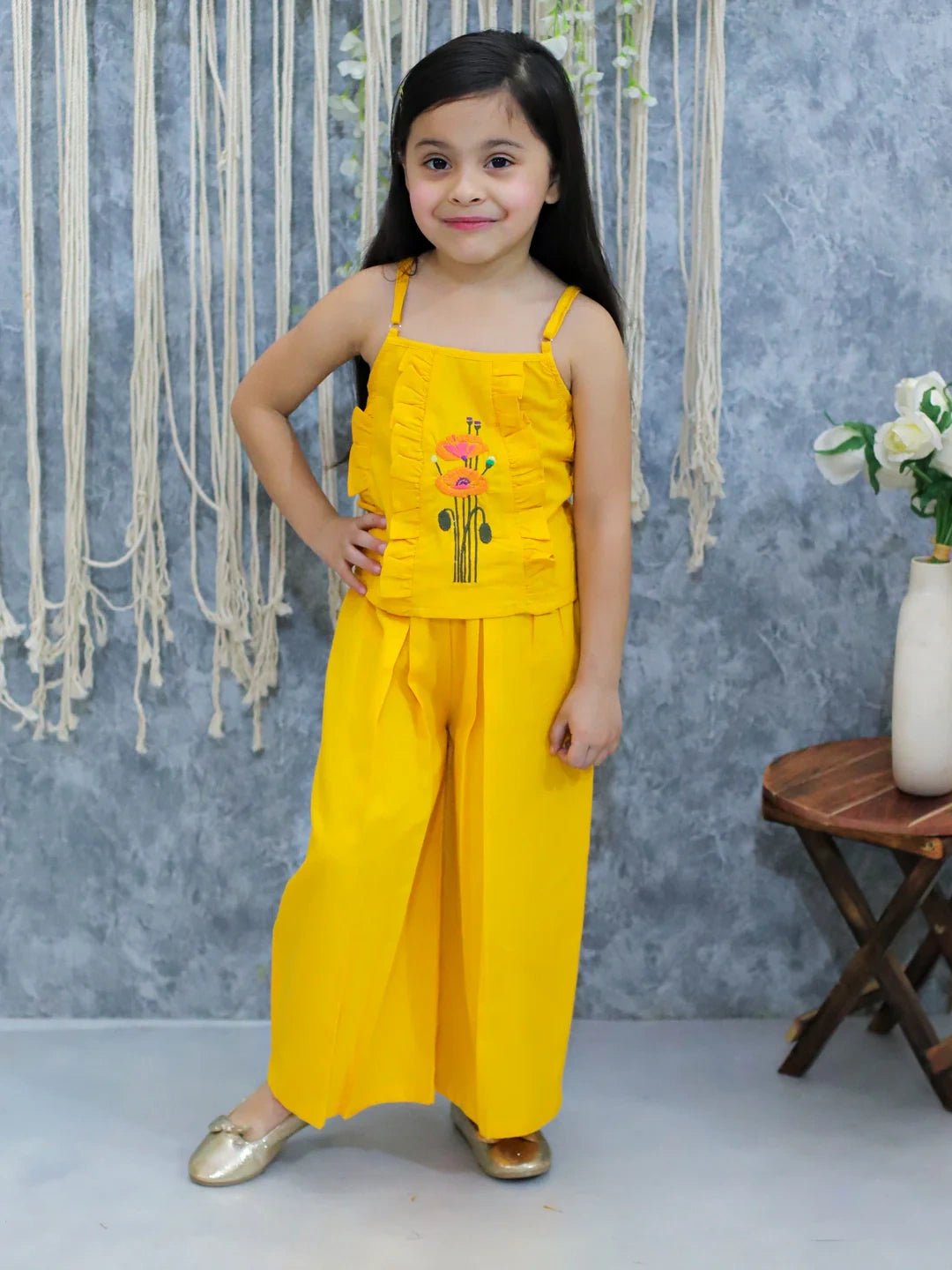 Fast Wear Girls Cotton Embroidered Spaghetti Top with Palazzo pant  Co Ords  Yellow