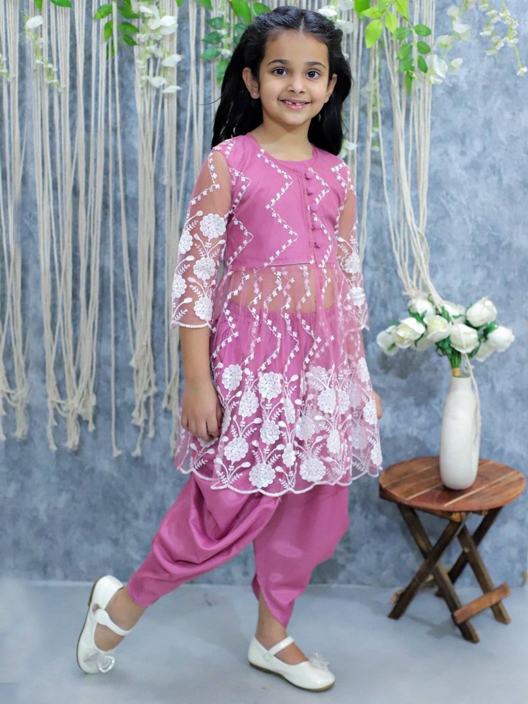 Fast Wear Embroidered Jacket with Top and Dhoti Set for Girls
